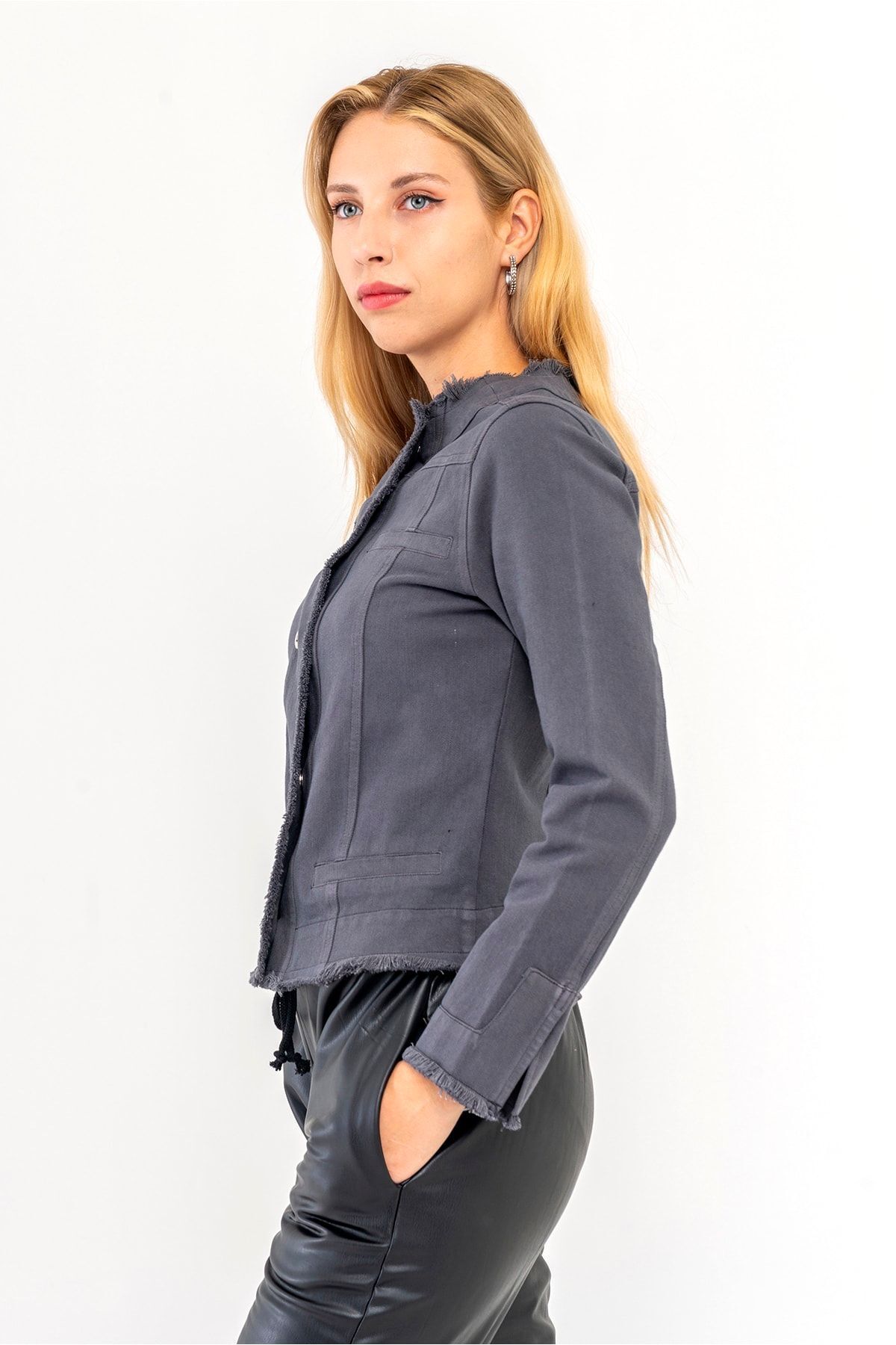 Bold & Young-Women's Anthracite Power Strech Snap Fastener Slim Fit Denim Jacket 6