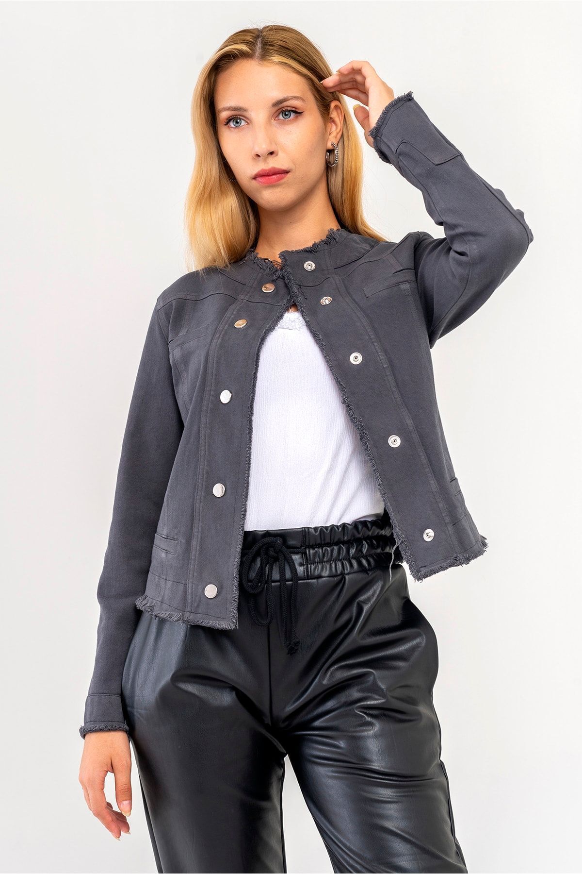 Bold & Young-Women's Anthracite Power Strech Snap Fastener Slim Fit Denim Jacket 4