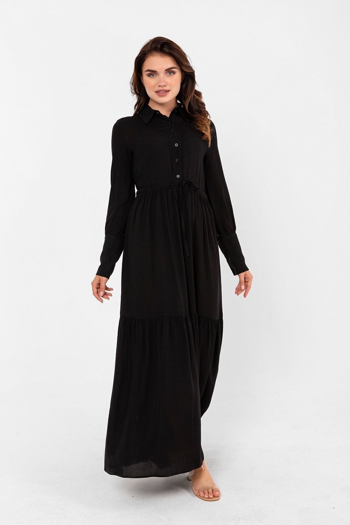 Dark Black Summer 100% Viscose Women's Dress with Button 1106