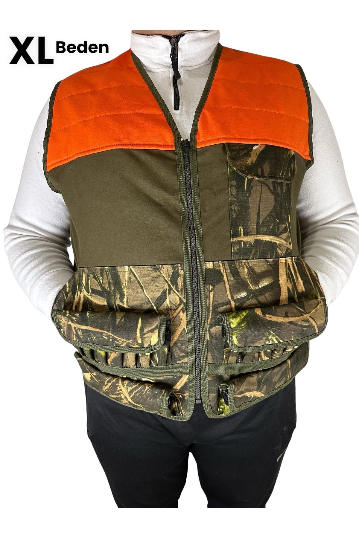UYĞURCA Avcı Yeleği - 30 Fişek Kapasiteli - Turuncu Omuzlu -Haki üzerine Yeşil Ağaç Desen Kumaş