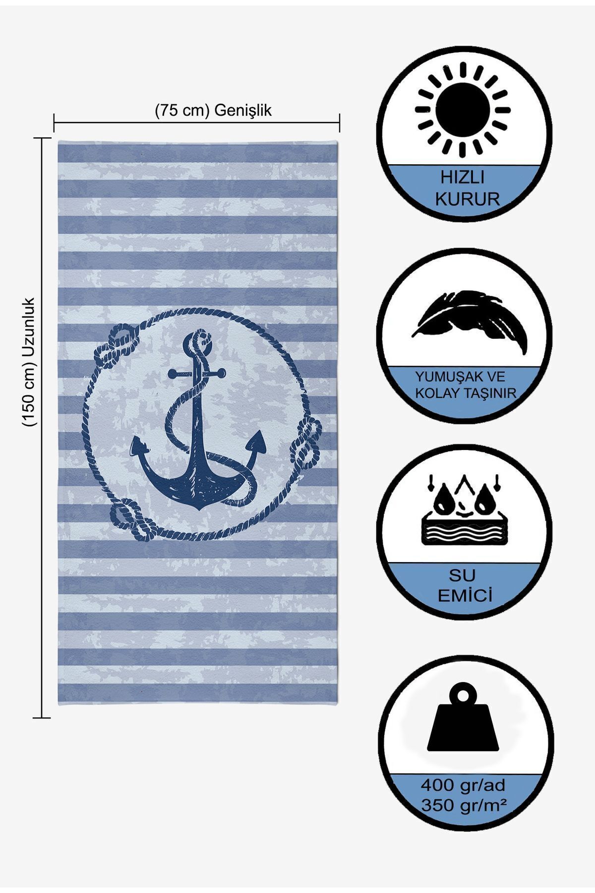 VEVİEN HOME-Striped Anchor Pattern Digital Printed 75x150 Cm Beach Towel 5