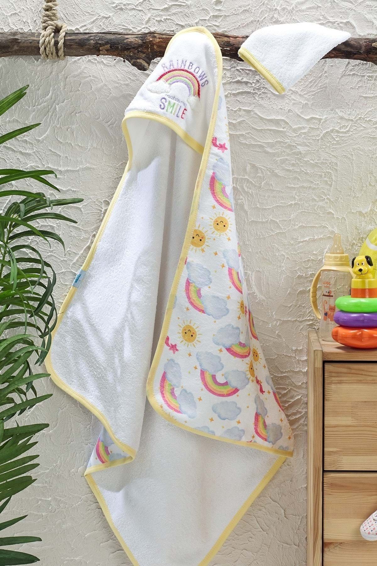 VEVİEN HOME-Digital Printed Embroidered Baby Towel and Yellow Pouch 2