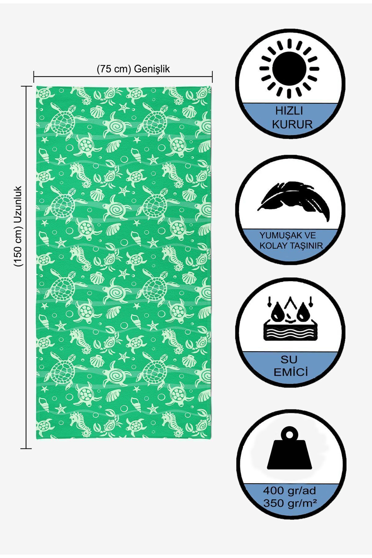 VEVİEN HOME-Underwater Pattern Digital Printed 75x150 Cm Beach Towel GREEN 5