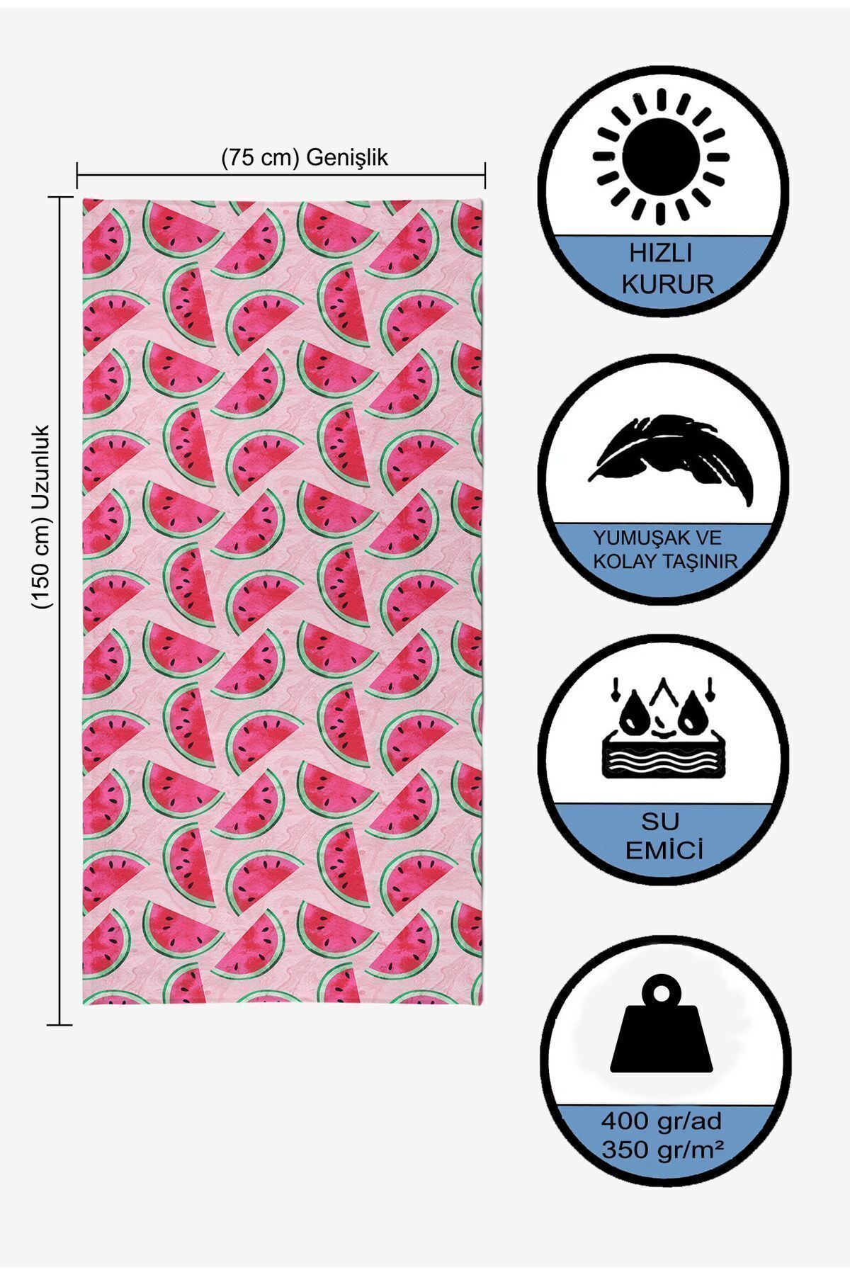VEVİEN HOME-Watermelon Pattern Digital Printed 75x150 Cm Beach Towel 5