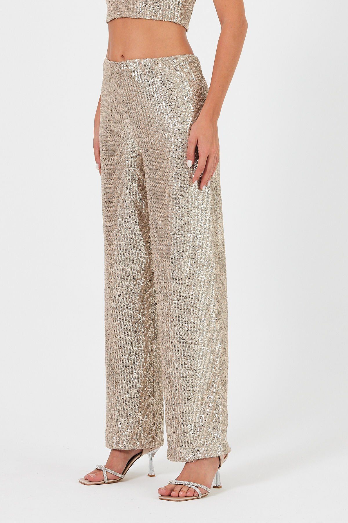 soBasic-High Waist and Lined Elastic Sequin Trousers - Gold 4