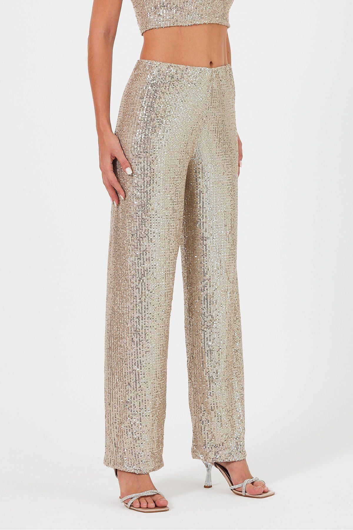 soBasic-High Waist and Lined Elastic Sequin Trousers - Gold 2