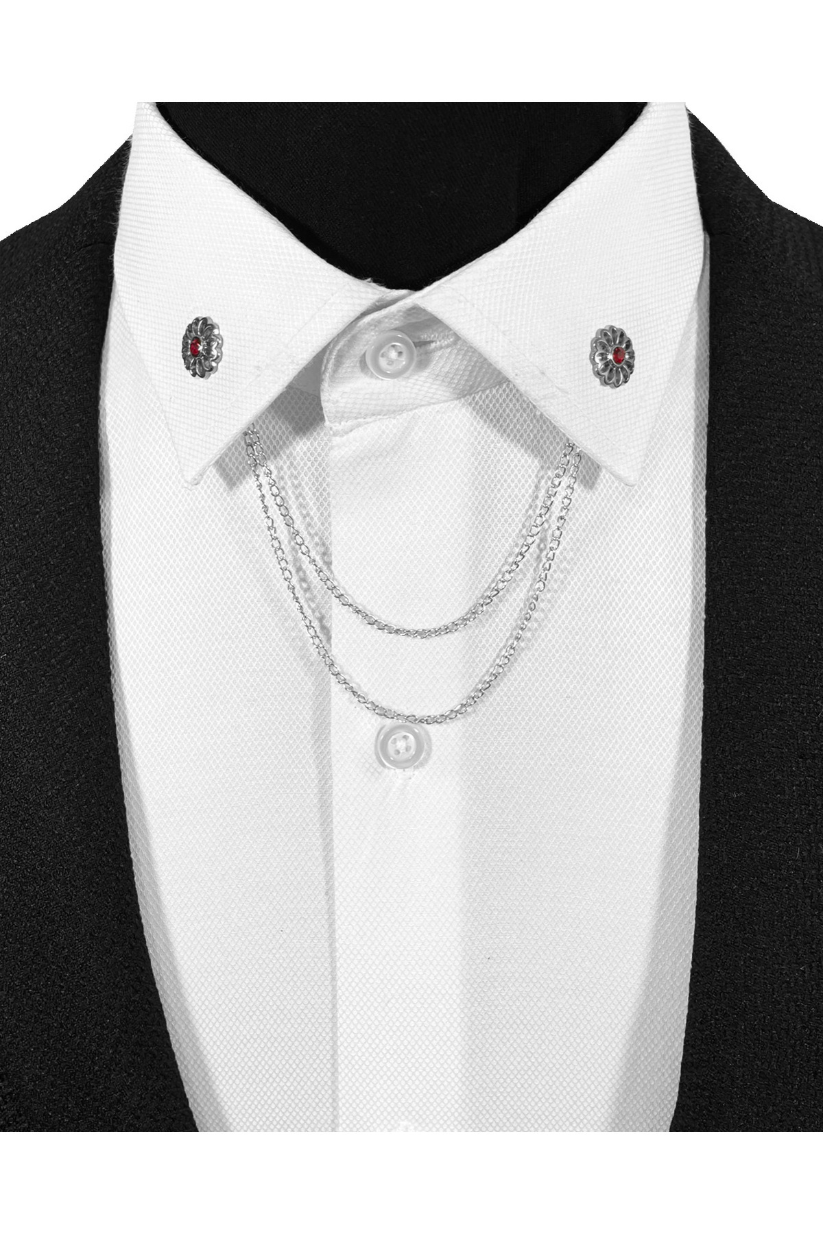  سنجاق یقه/زنجیر یقه فلزی نقره‌ای-خاکستری با سنگ قرمز و طرح گل.