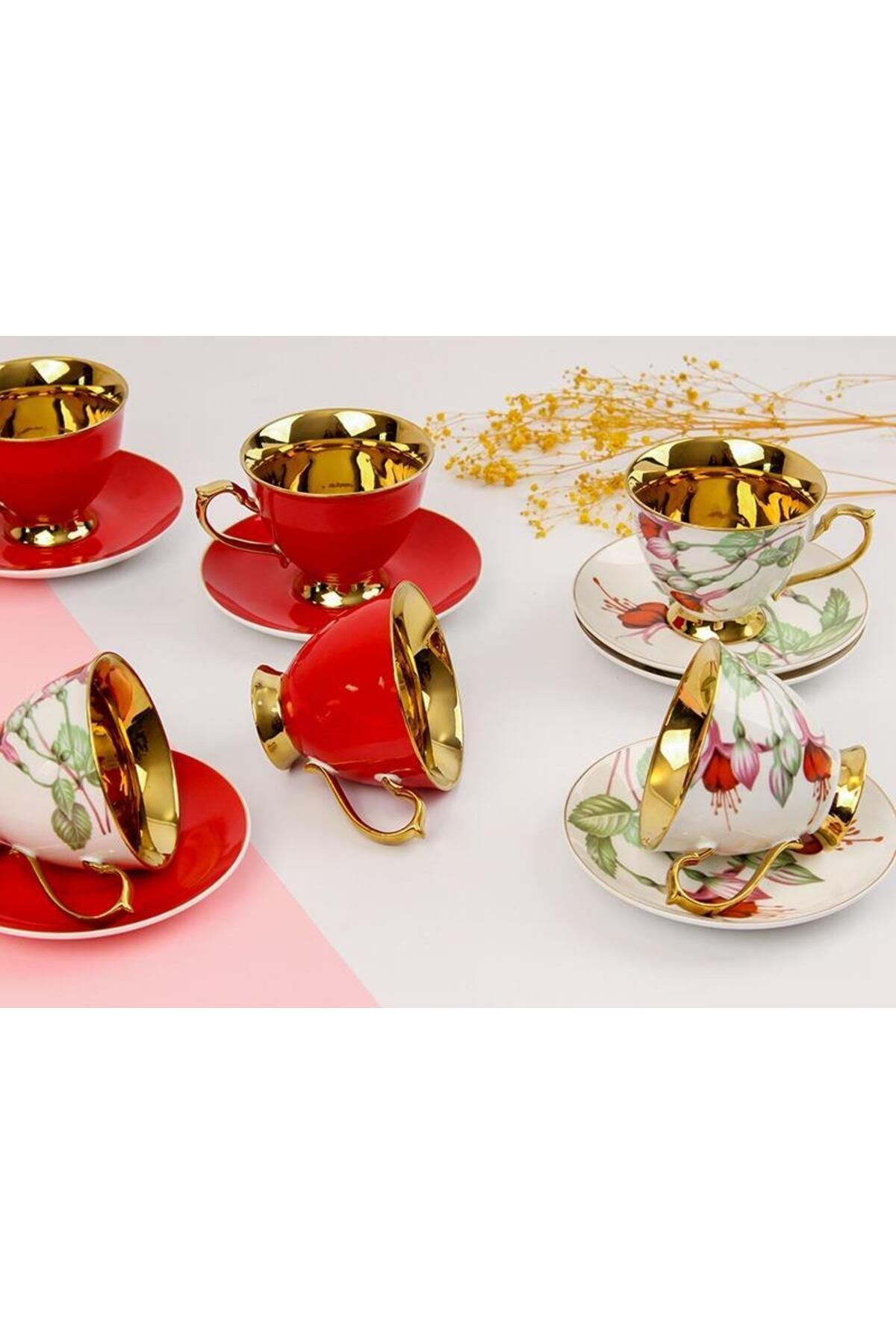 Sembol Rims Kırmızı Gold Çiçekli 6 Kişilik Porselen Kahve Fincan Takımı ...