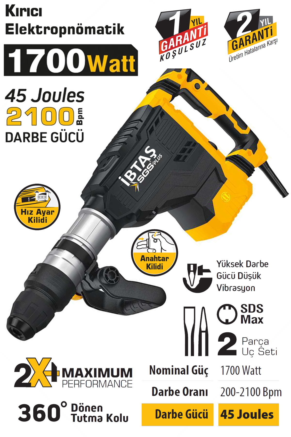 İBTAŞ SGS5186 Elektropnomatik Kırıcı Hilti SDS Max 1700 Watt 45 Joules 11 KG