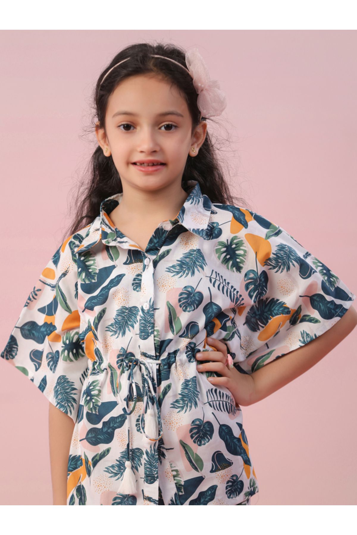 Sanskrutihomes By Styli-Leaf Print Collared Kaftan & Pyjama Set 6