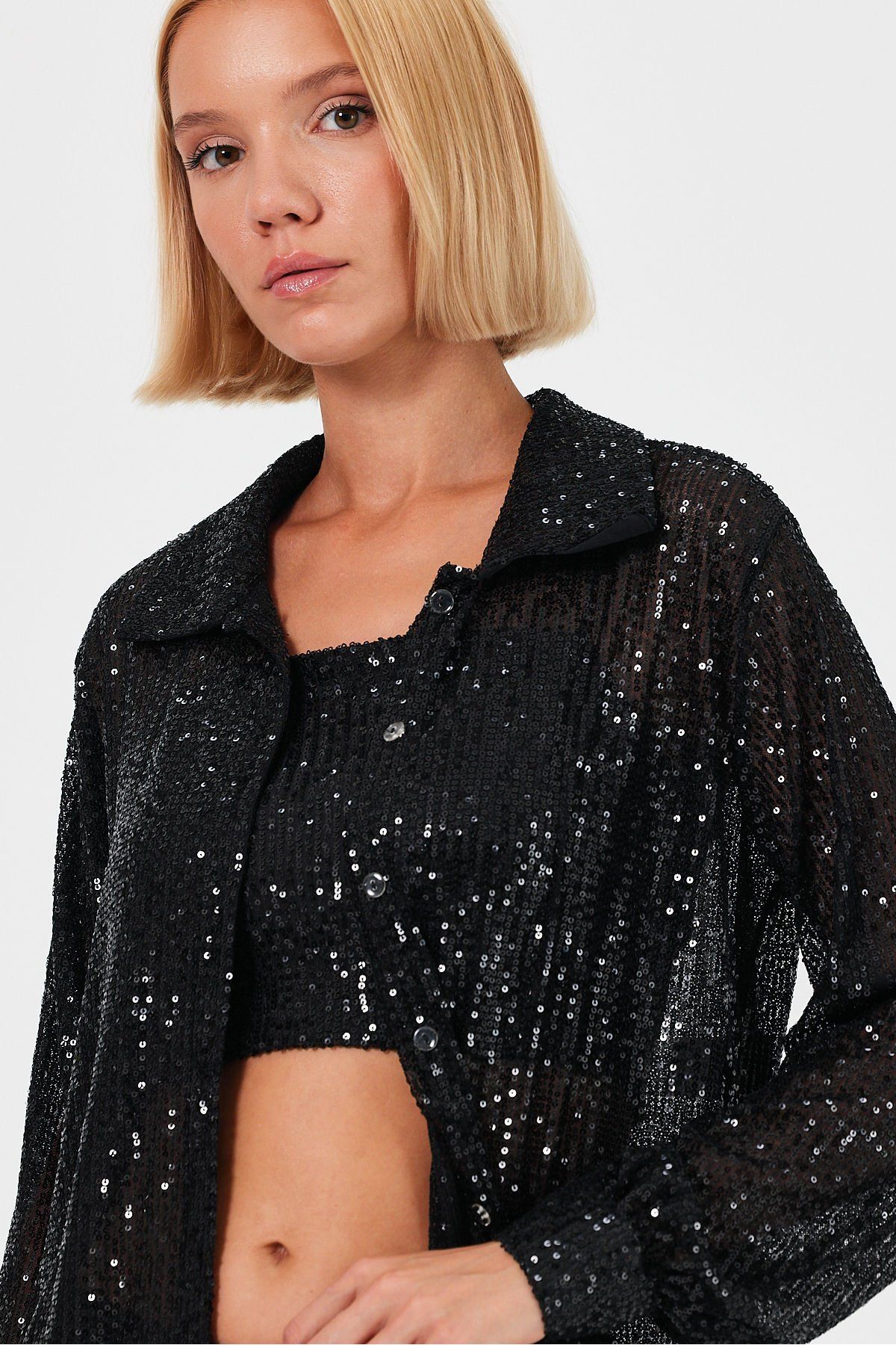 soBasic-Black Long Tunic Shirt with Sequins and Slits - L Size - Shimmering Long Sleeve 3