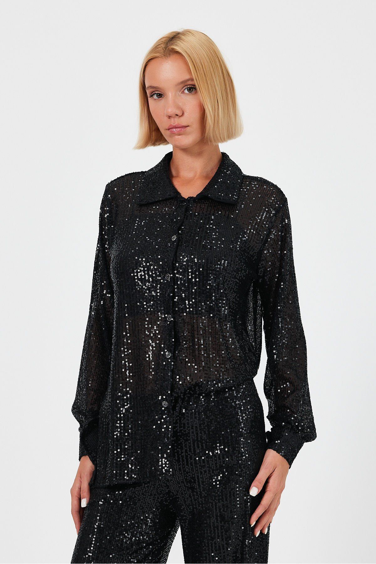 soBasic-Black Long Tunic Shirt with Sequins and Slits - L Size - Shimmering Long Sleeve 6