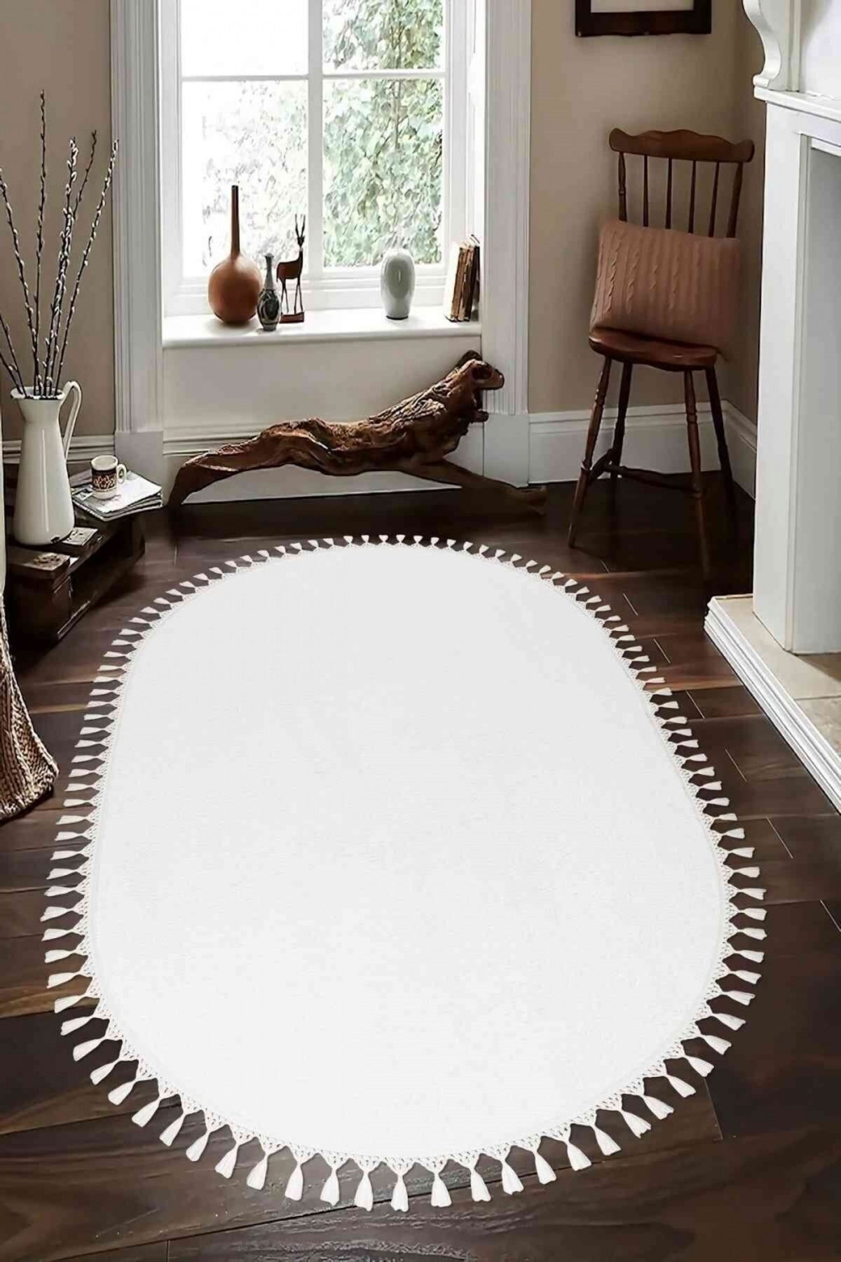 Oval Comfort Puffy Pompom Fringed Plush Rug White Mns
