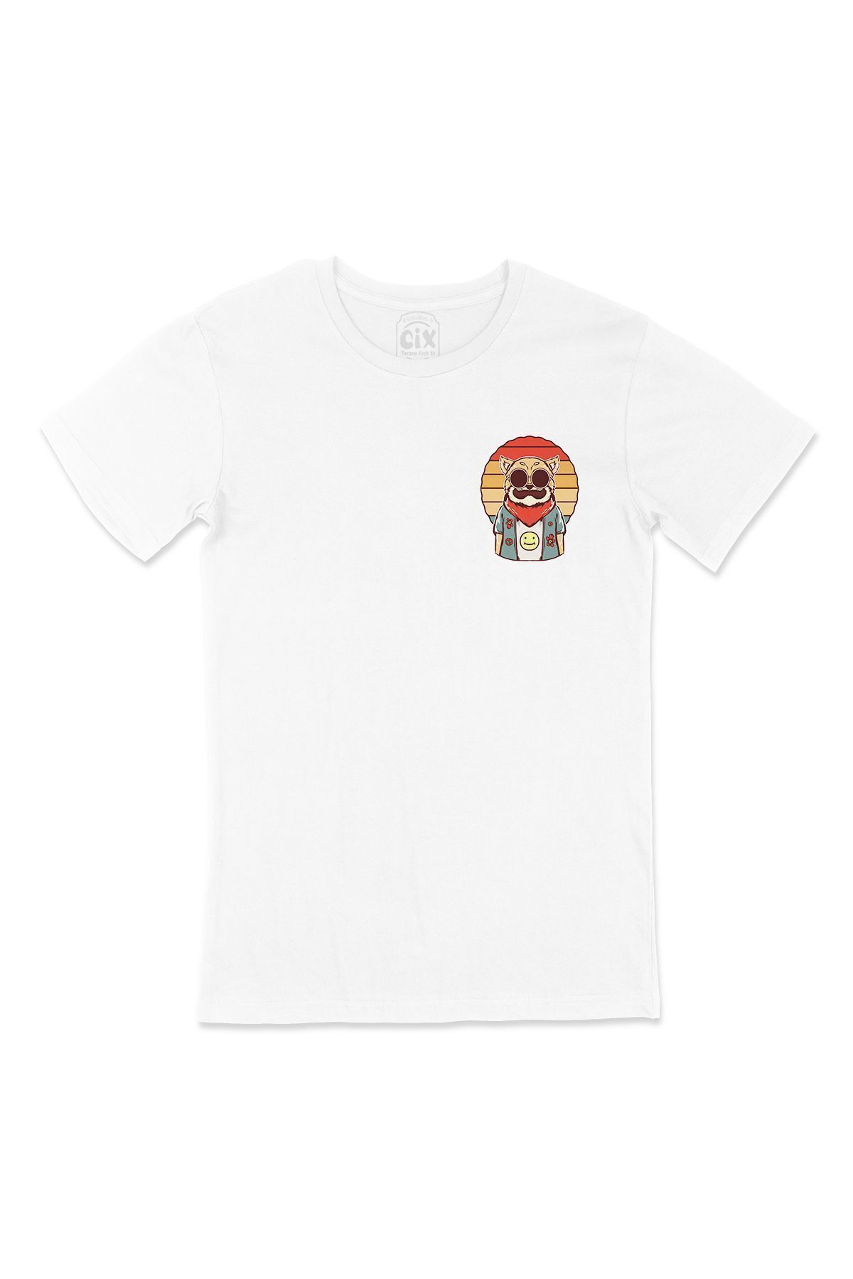 Cix Tricou Alb Cu Design Hippie Cat Pocket Logo Unisex - 2XL