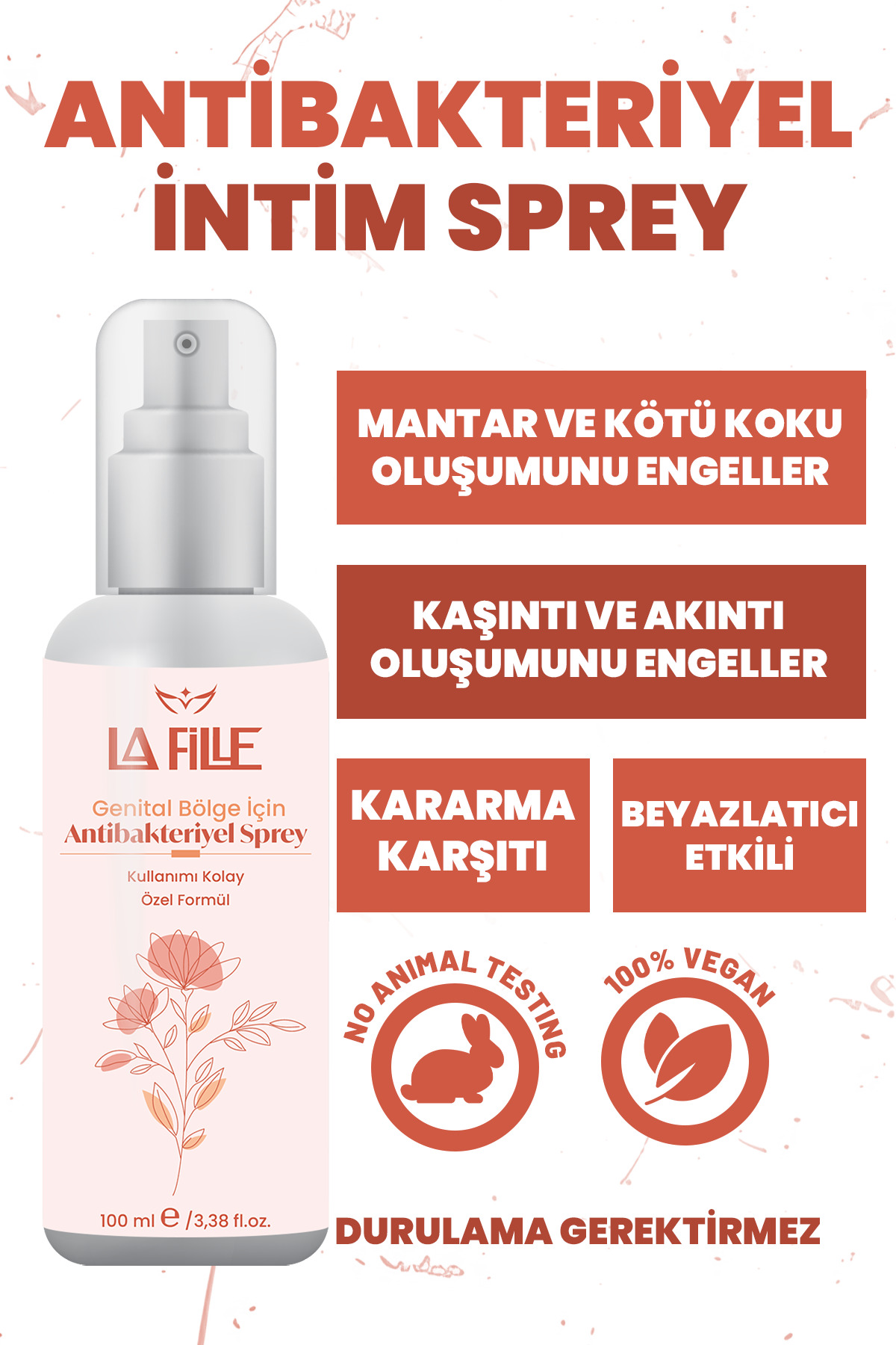 LAFİLLE Genital Bölge Koku Kaşıntı Mantar Akıntı Oluşumunu Engelleyici Beyazlatıcı Antibakteryel Sprey100ml