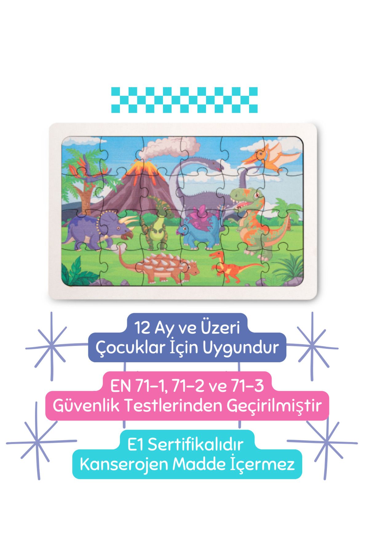 Montessori Dinazor Ailesi 24 Parça Ahşap Puzzle Seti - Eğitici, Öğretici ve Güvenli Çocuk  Oyuncağı