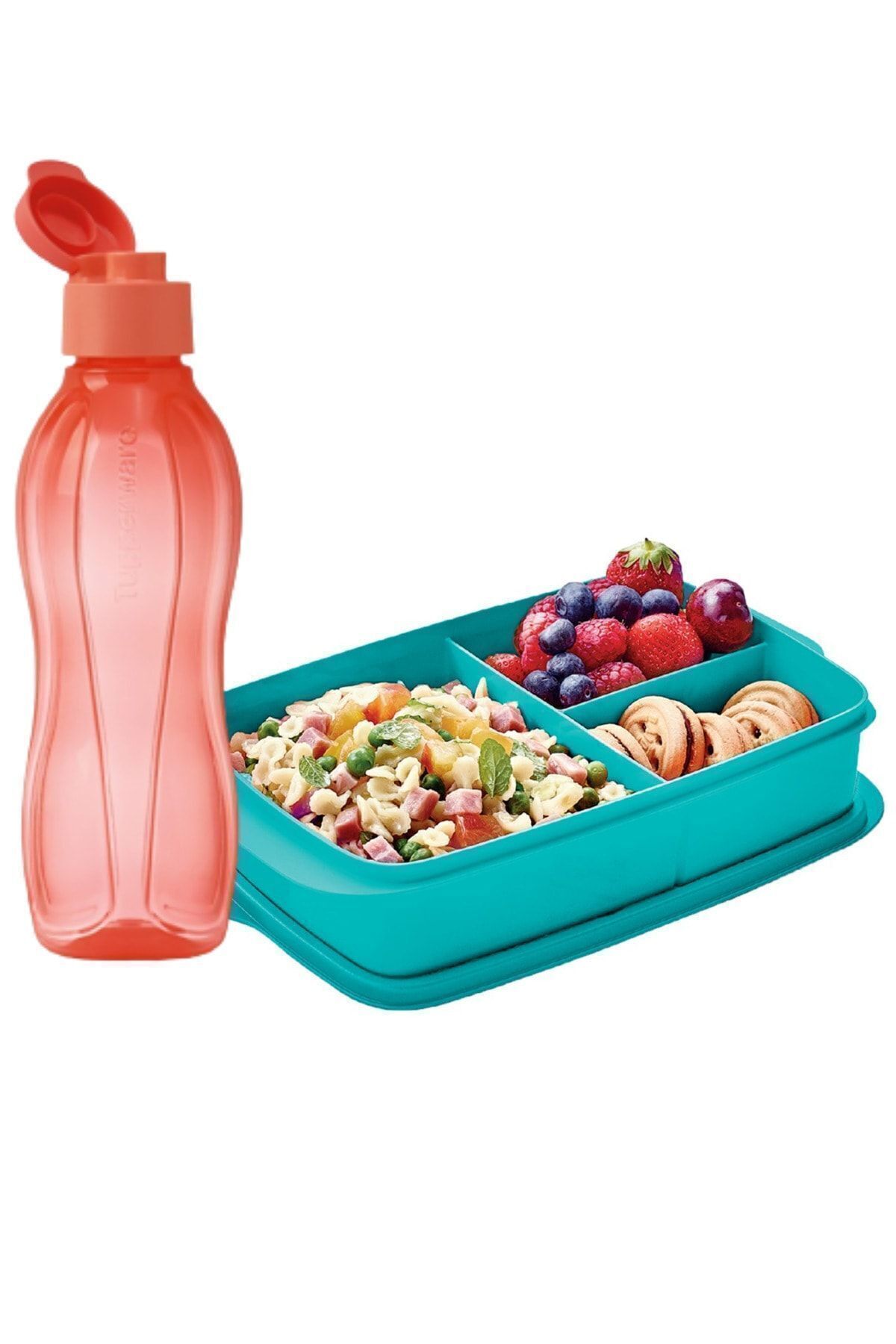 Eco Bottle Coral 500ml And Compartmented Nutrition Box Blue Set
