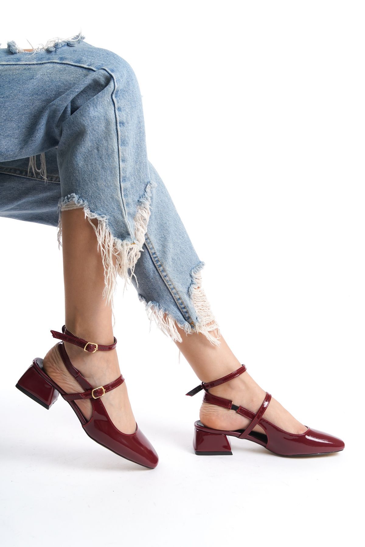 Women's Mary Jane Burgundy Pattern Short Block Heeled Shoes with Open Square Toe Helmet New Season