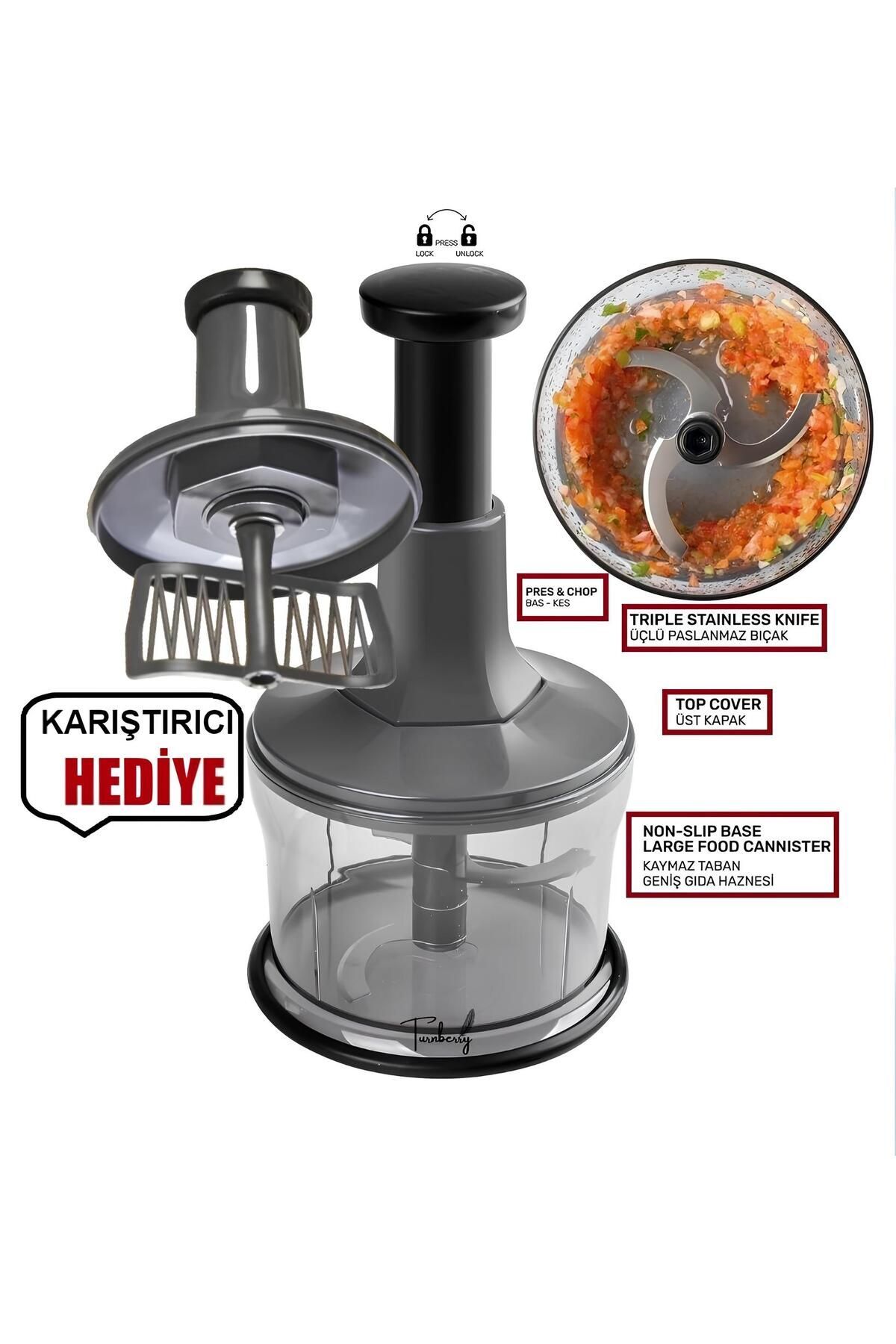 Turnberry CHOPPER Basmalı 3 Bıçaklı Yüksek Kalite Paslanmaz Çelik Bıçaklı Pratik El Rondosu Doğrayıcı