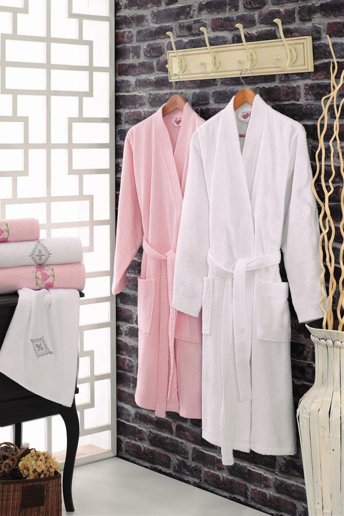 حوله تنپوش (روبدوشامبر) چند رنگ مردانه و زنانه مجموعه حمام 100 ٪ پنبه صورتی سفید Cotton Box
