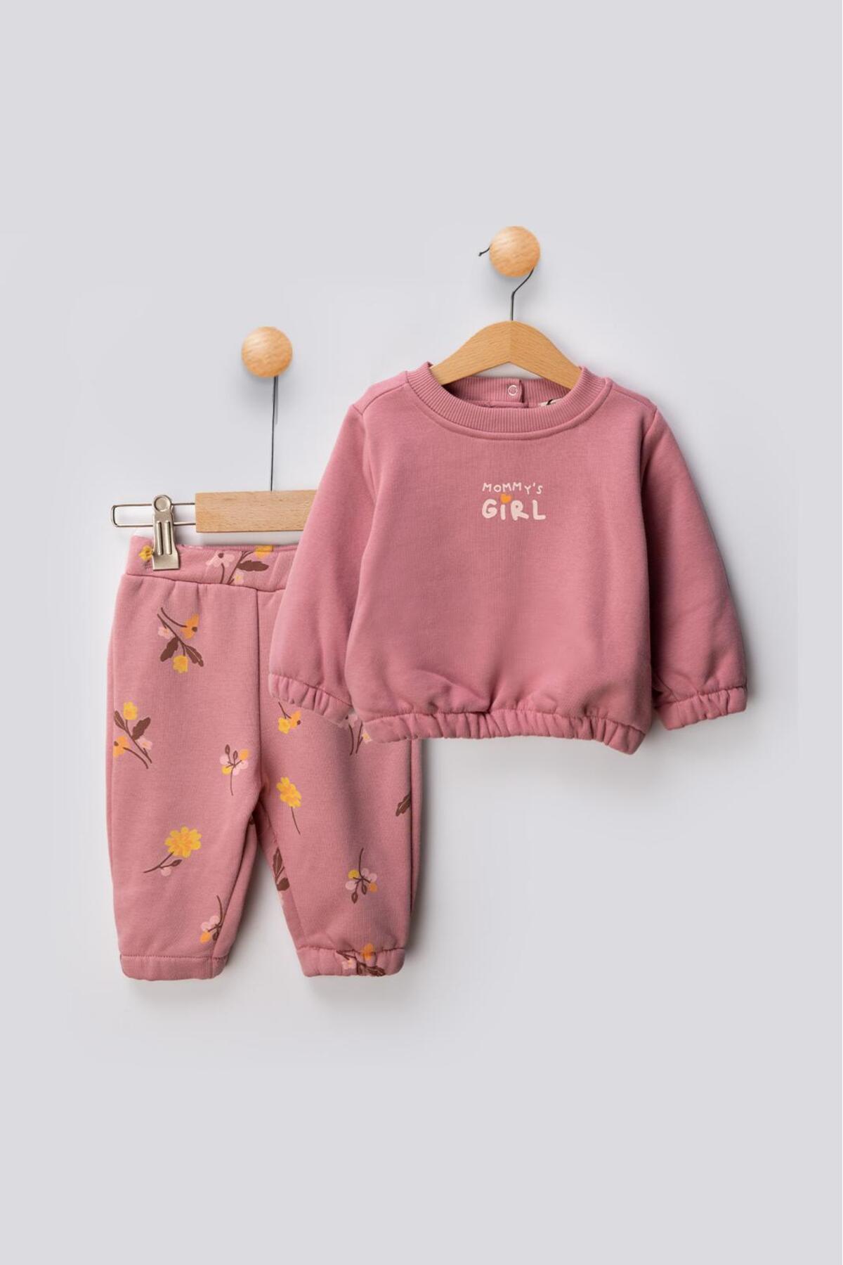 Baby Girl Floral Patterned Cotton Sweatshirt Tracksuit Bottom-Top Set