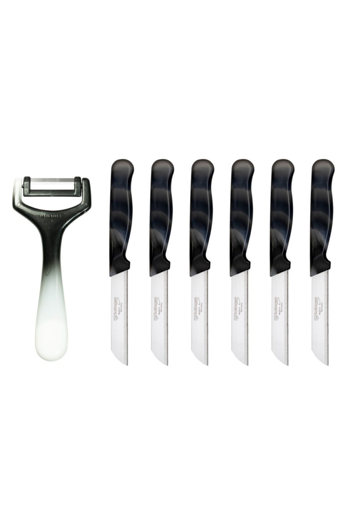 Solingen Siyah Mermer Desen Bıçak ve Ebruli Desen Yatay Soyacak Seti