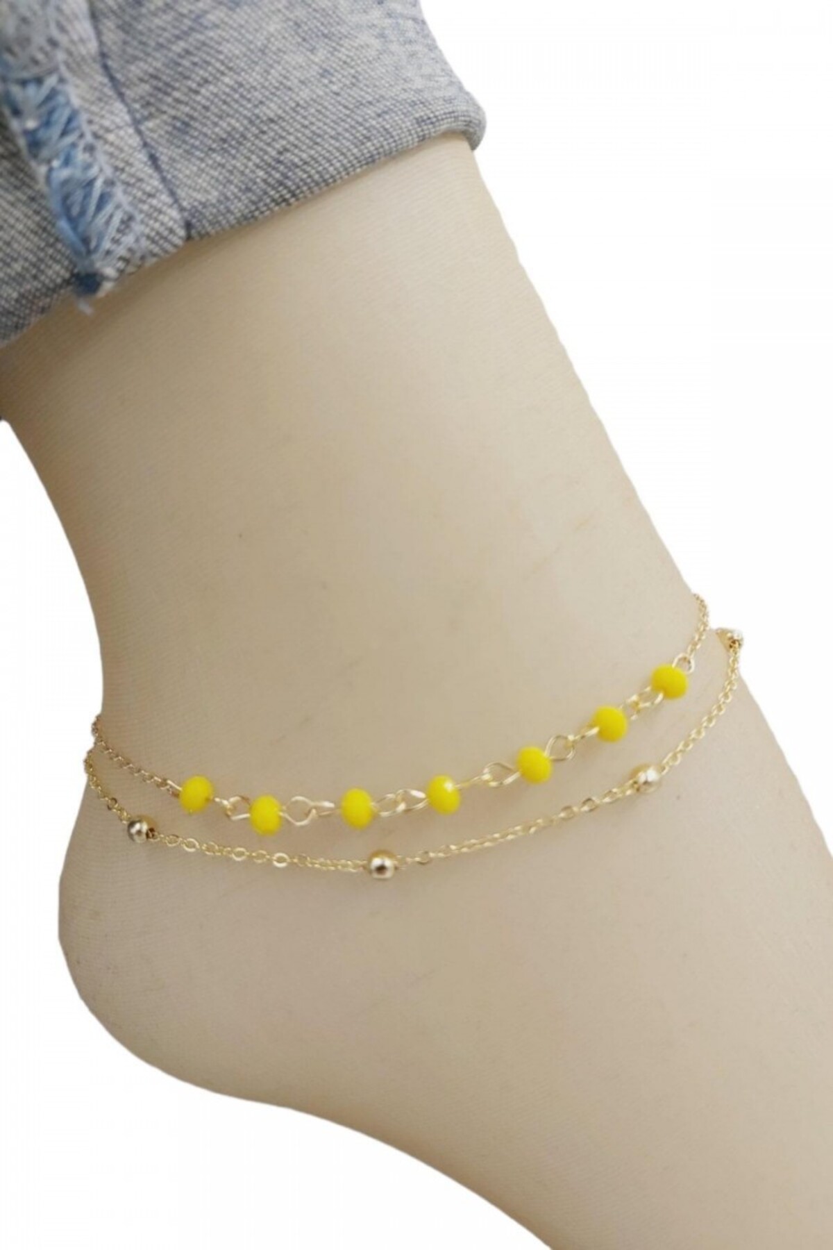 AKIN AKSESUAR HEDİYELİK Sarı Kristal Boncuklu Ikili Gold Renk Zincirli Halhal