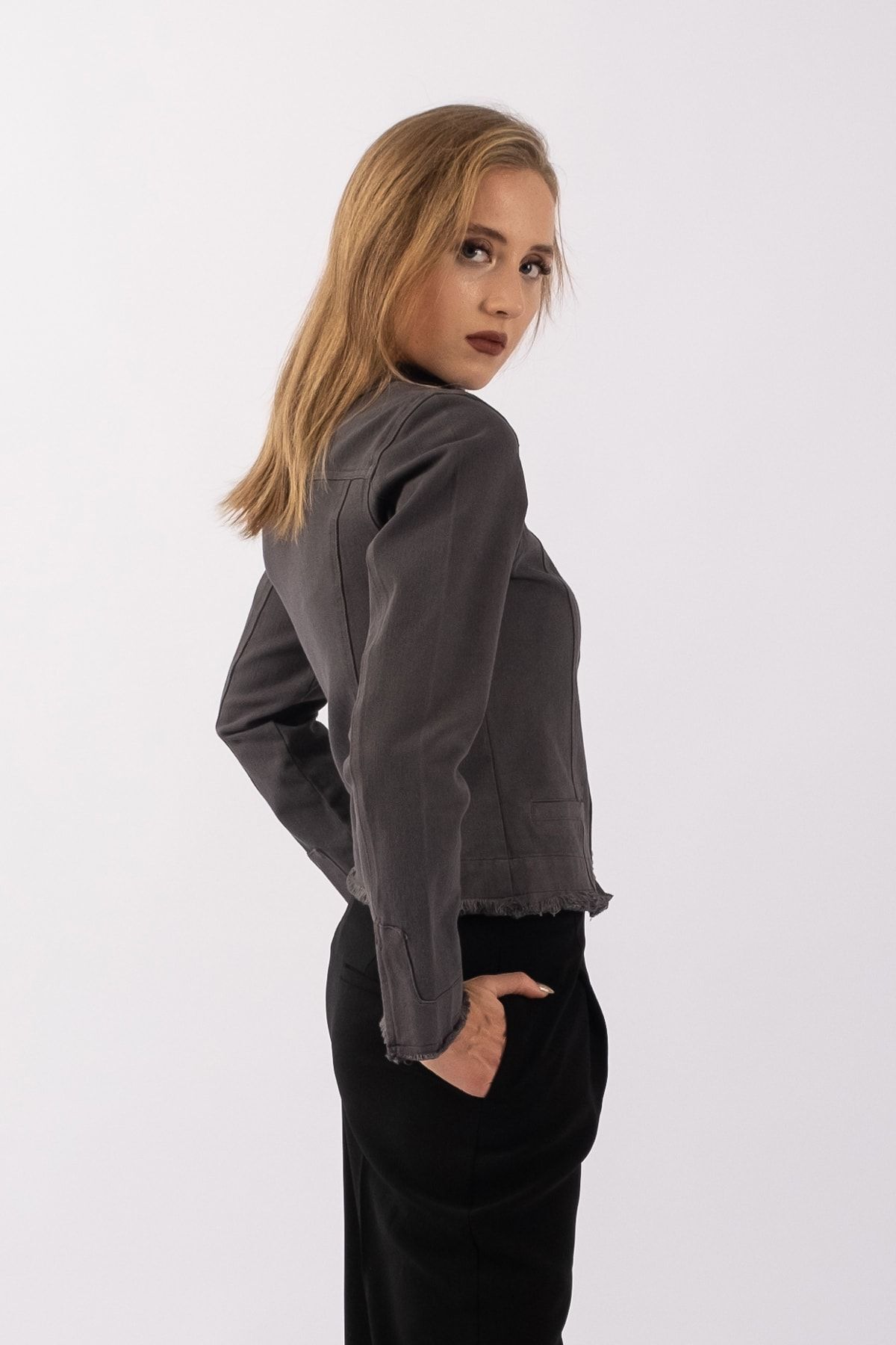 Bold & Young-Women's Anthracite Power Strech Snap Fastener Slim Fit Denim Jacket 5