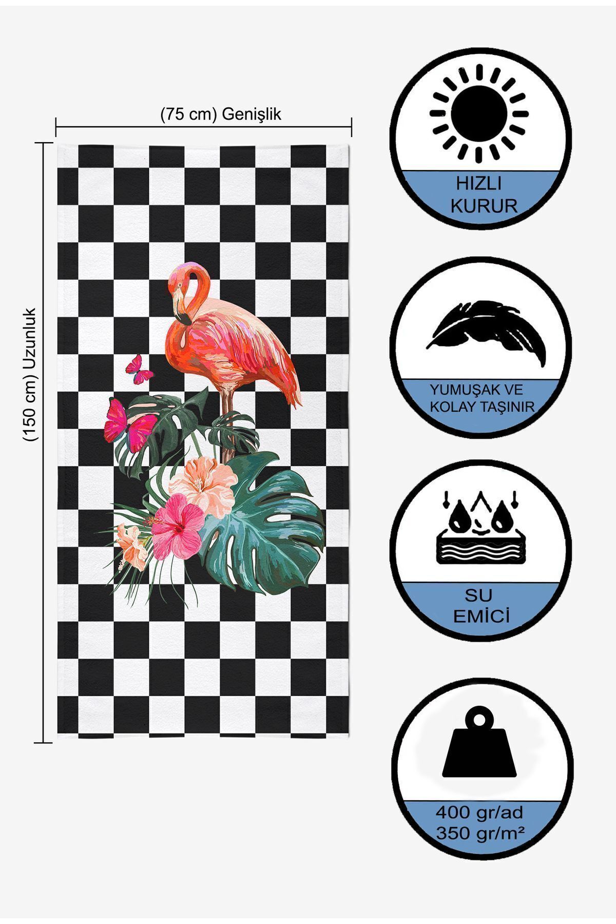 VEVİEN HOME-Flamingo Checker Pattern Digital Printed 75x150 Cm Beach Towel 5