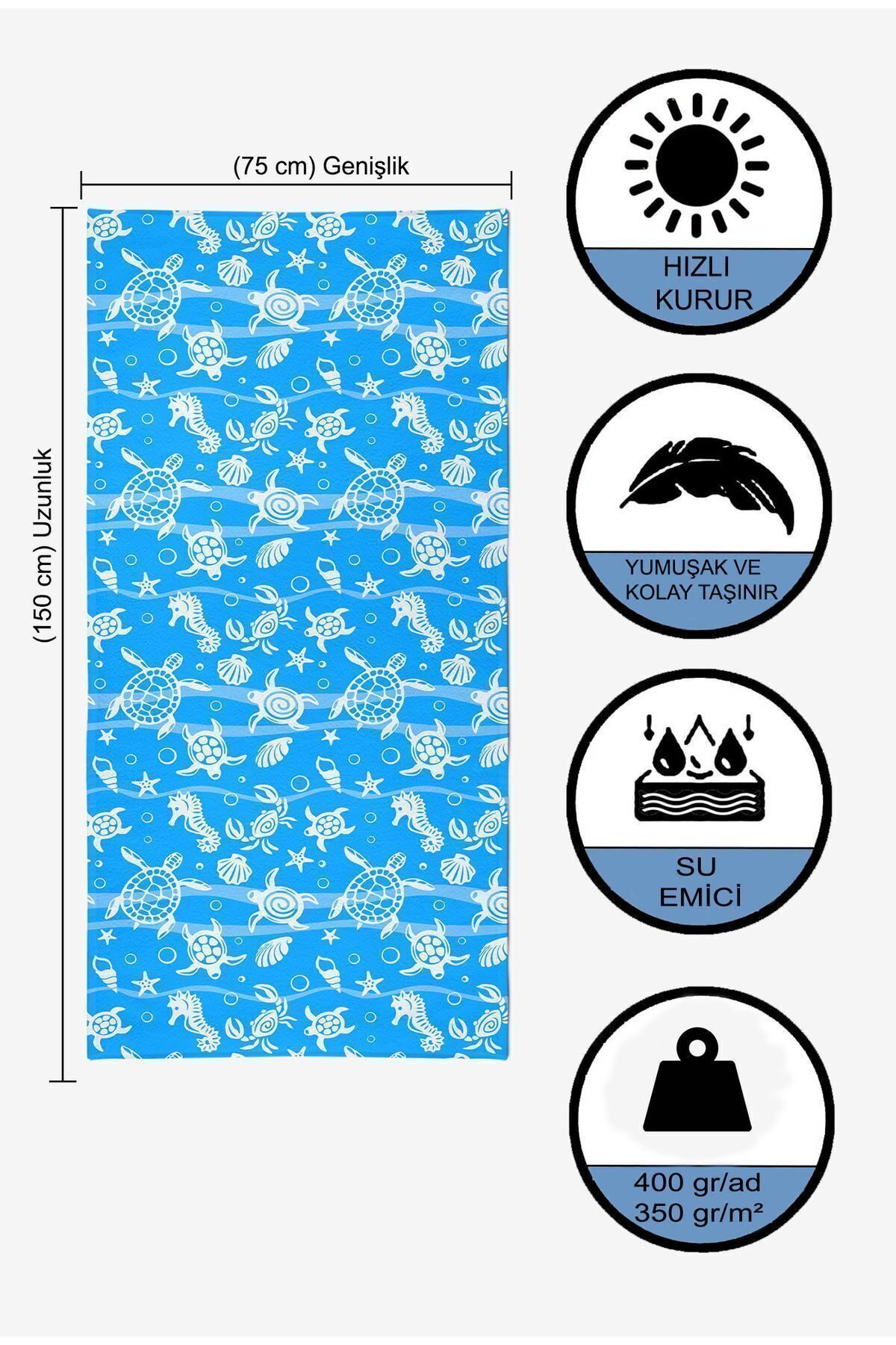 VEVİEN HOME-Underwater Pattern Digital Printed 75x150 Cm Beach Towel BLUE 5