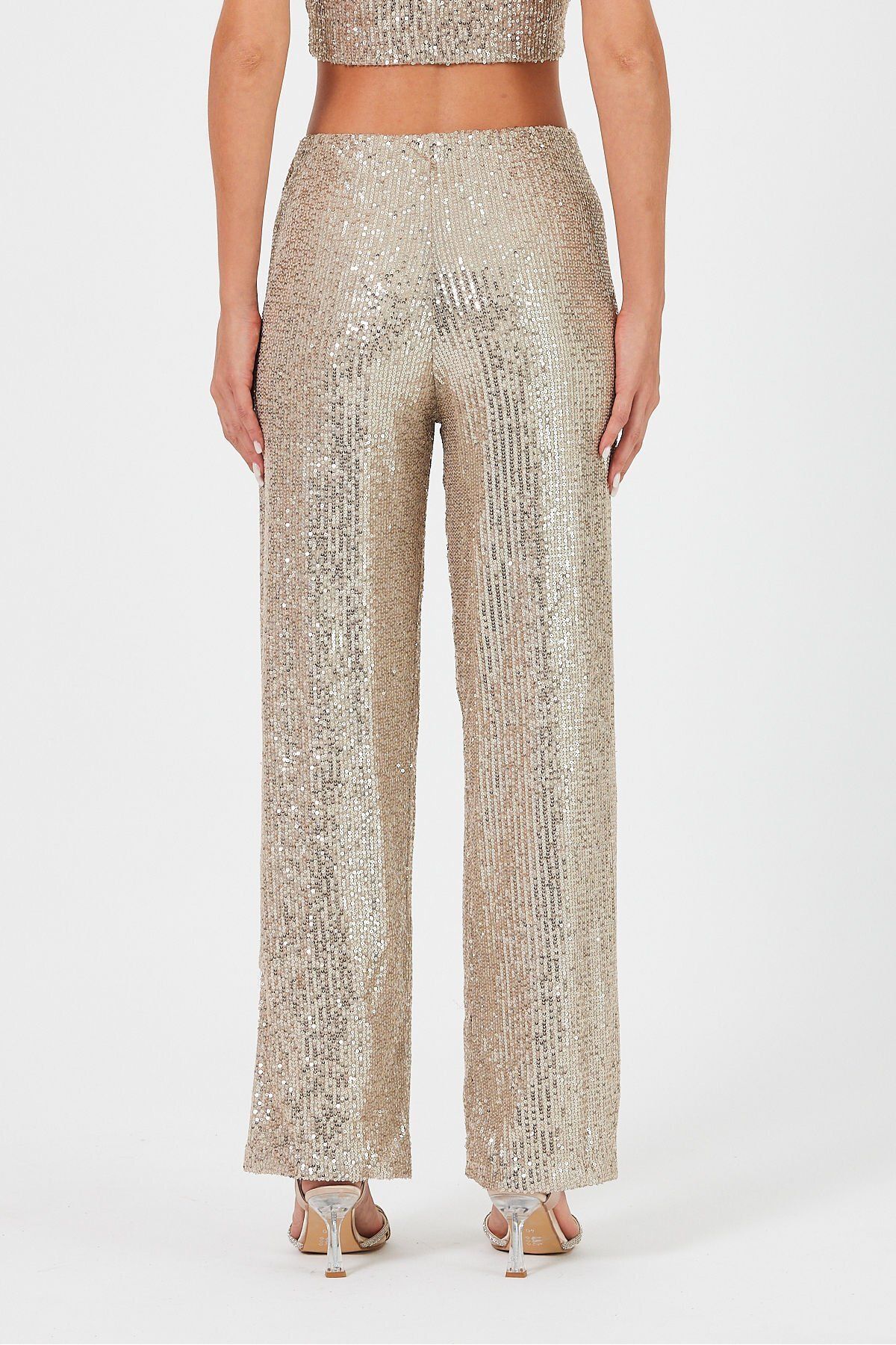 soBasic-High Waist and Lined Elastic Sequin Trousers - Gold 6