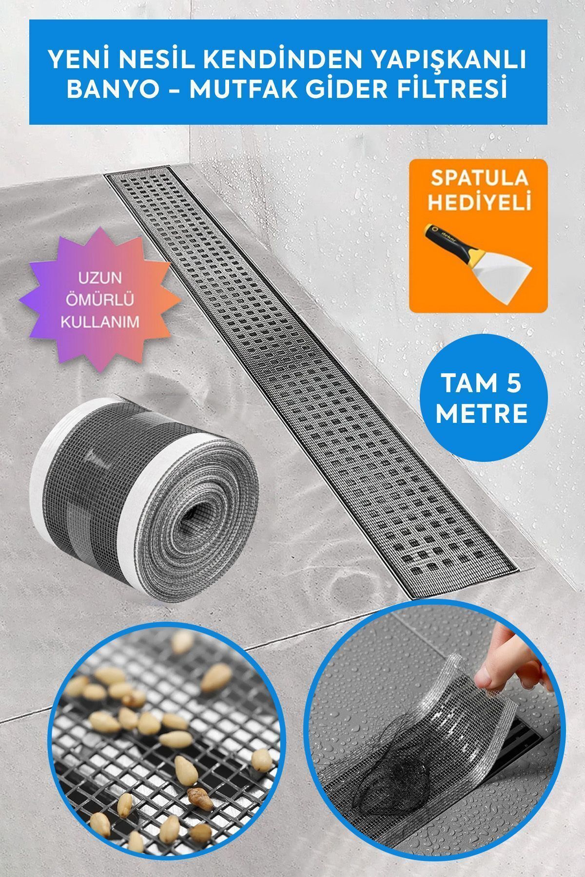 YENİ NESİL KENDİNDEN YAPIŞKANLI BANYO - MUTFAK GİDER FİLTRESİ (1 ADET-5 METRE)