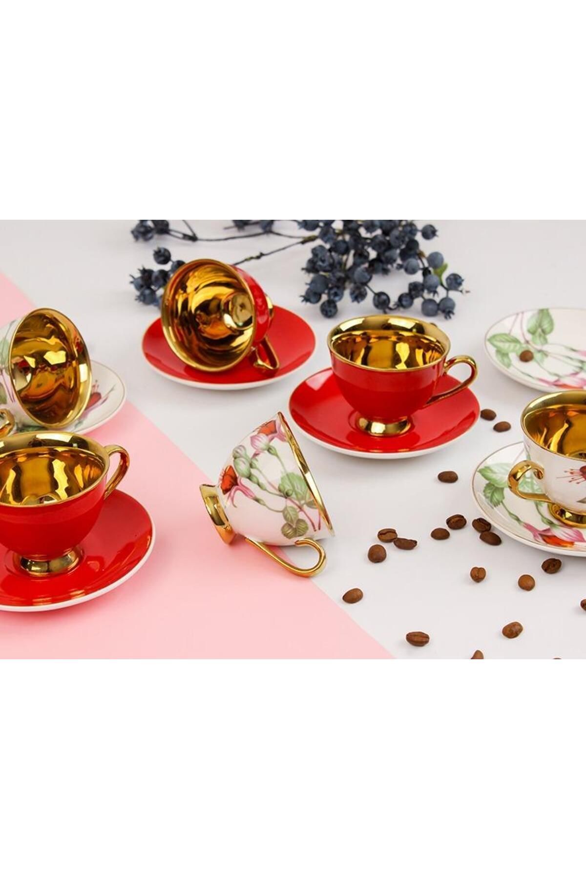 Sembol Rims Kırmızı Gold Çiçekli 6 Kişilik Porselen Kahve Fincan Takımı ...