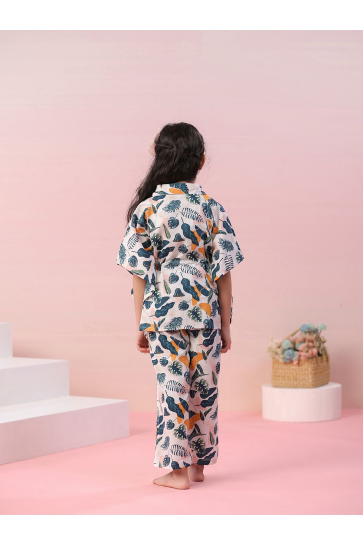 Sanskrutihomes By Styli-Leaf Print Collared Kaftan & Pyjama Set 5
