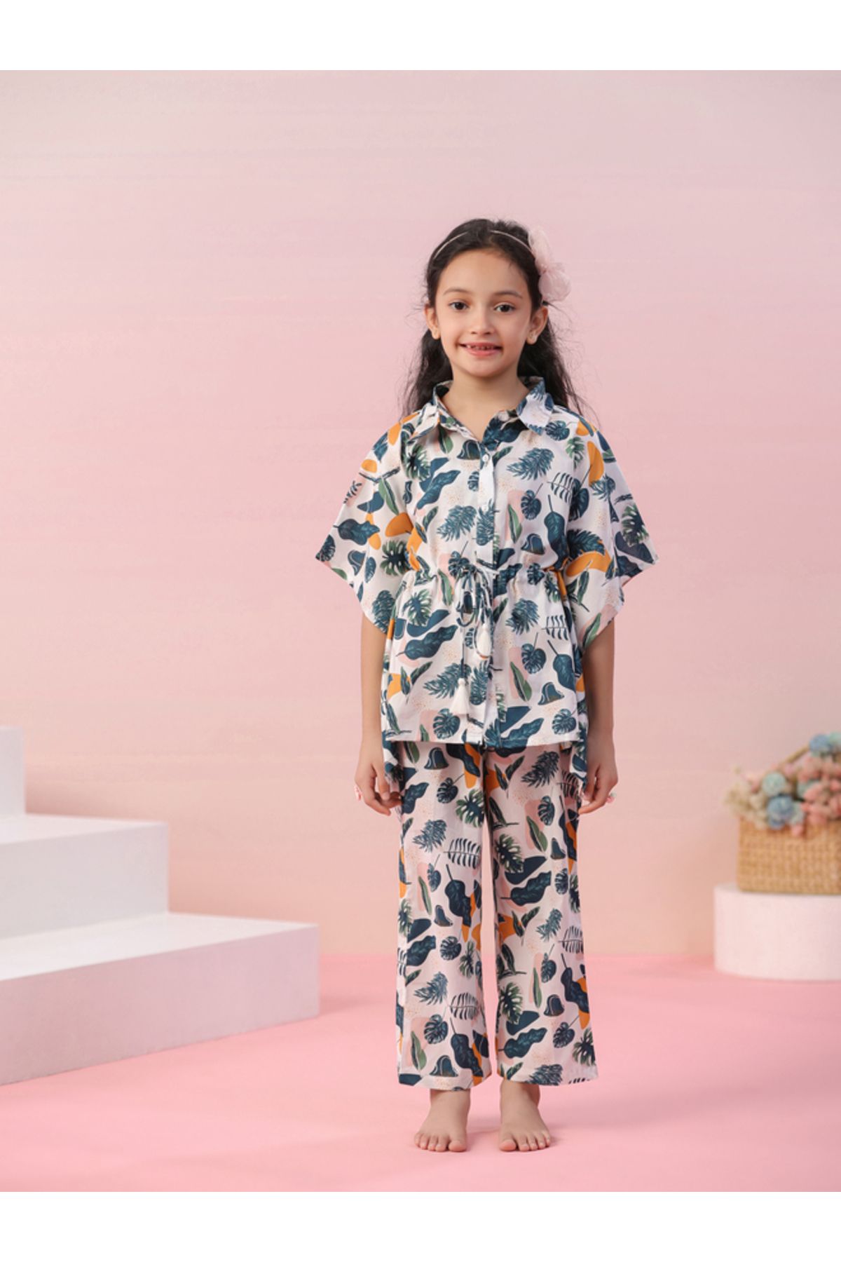 Sanskrutihomes By Styli-Leaf Print Collared Kaftan & Pyjama Set 1