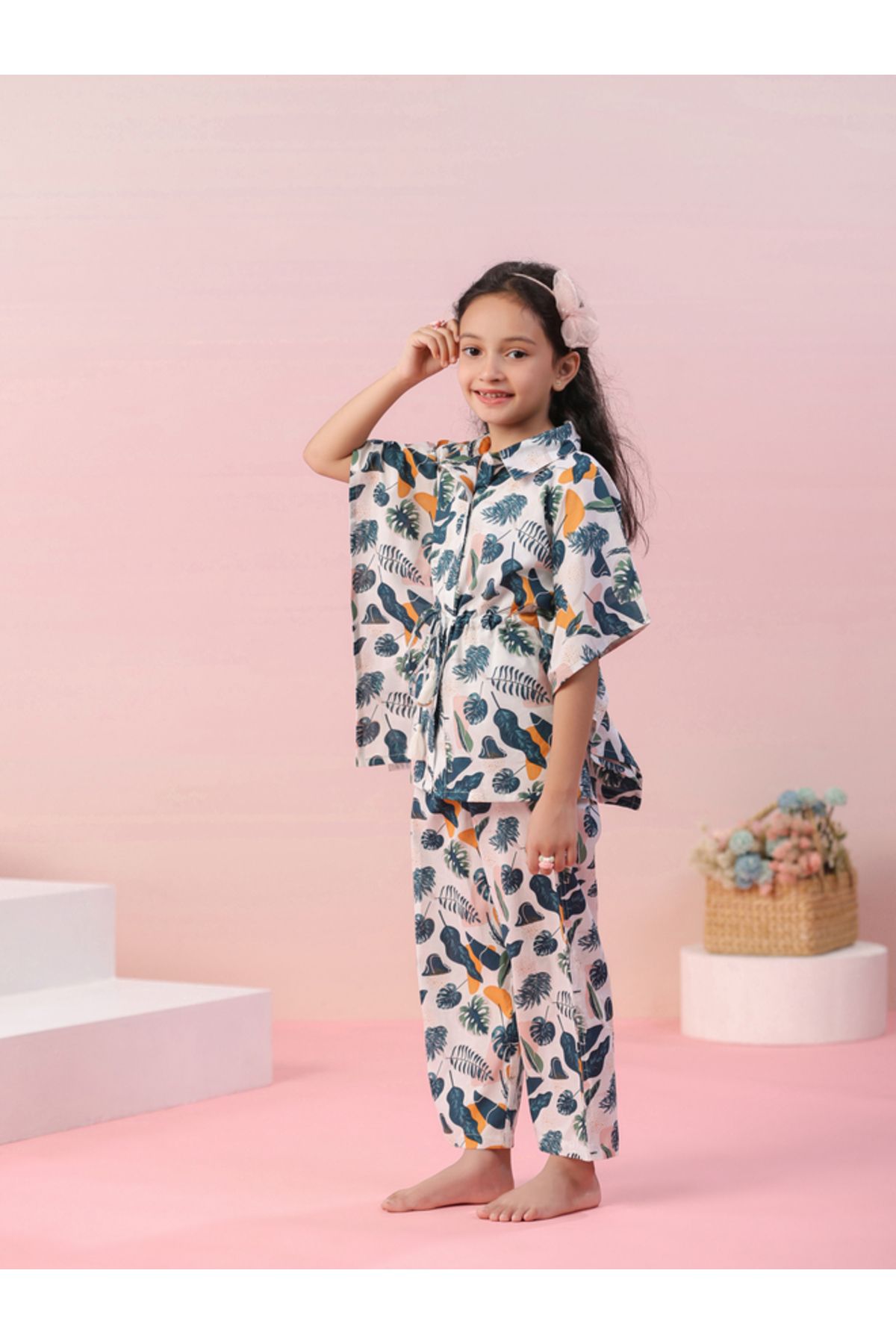 Sanskrutihomes By Styli-Leaf Print Collared Kaftan & Pyjama Set 4