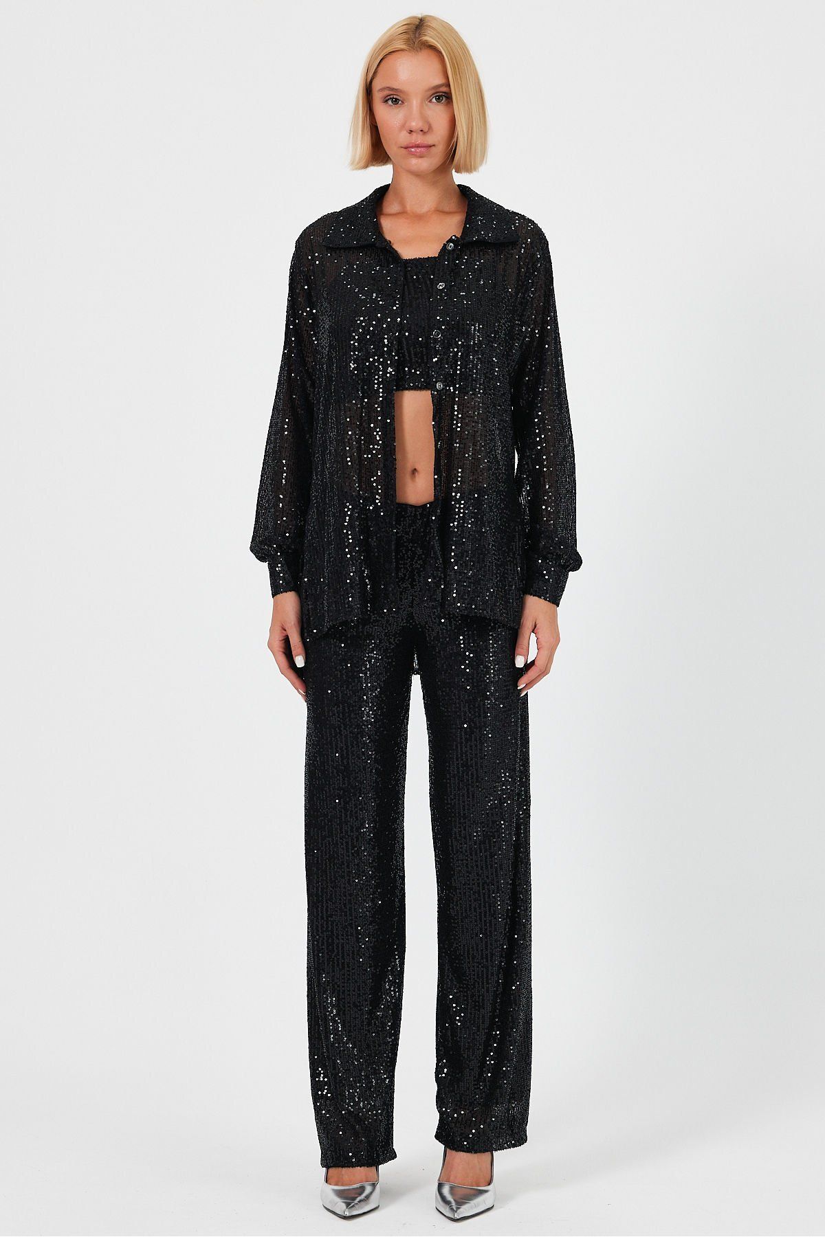 soBasic-Black Long Tunic Shirt with Sequins and Slits - L Size - Shimmering Long Sleeve 2