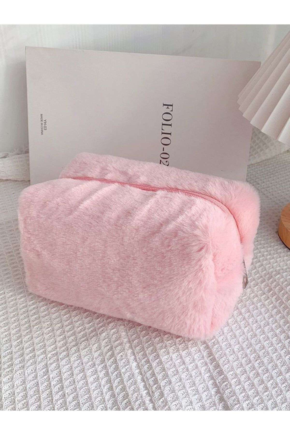 Pembe peluş makyaj çantası seyahat ve kozmetik çantası