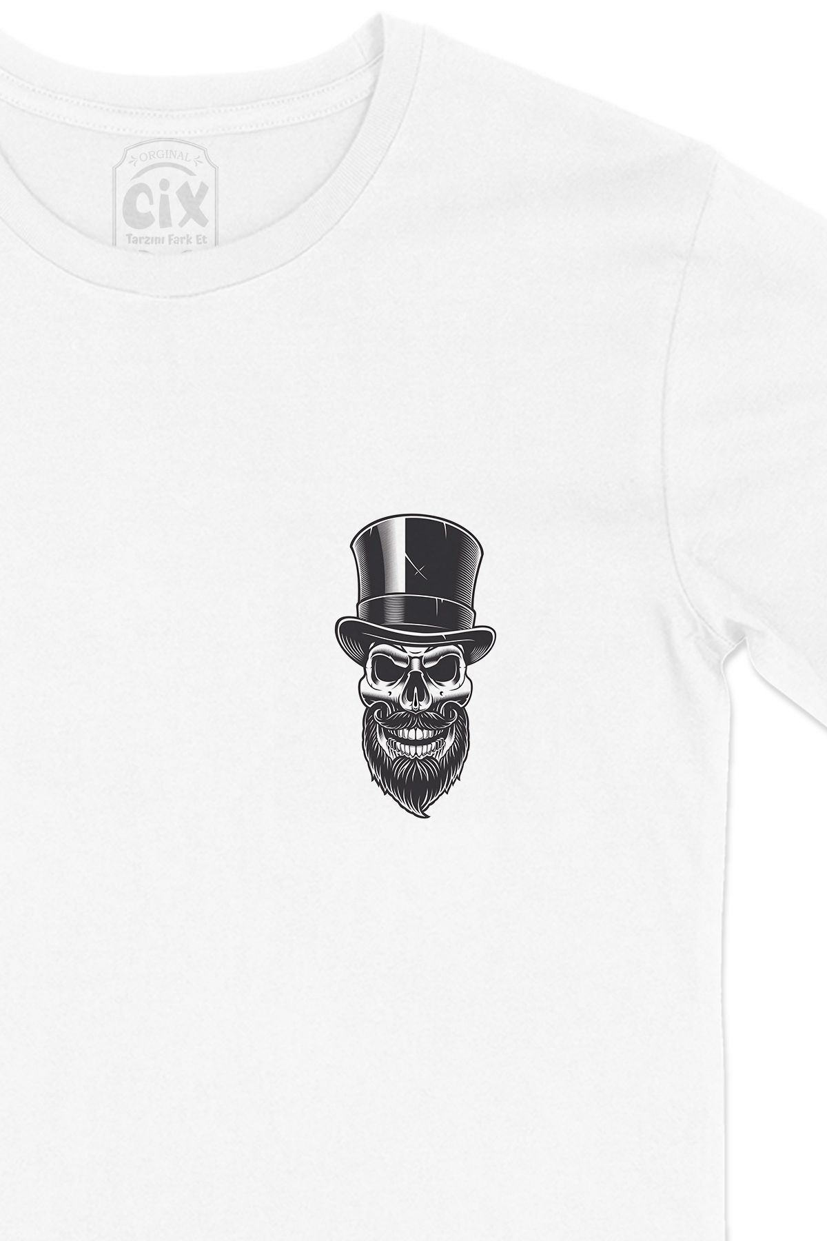 Cix-Tricou alb cu design de logo cu buzunar cu cap de craniu cu pălărie 2