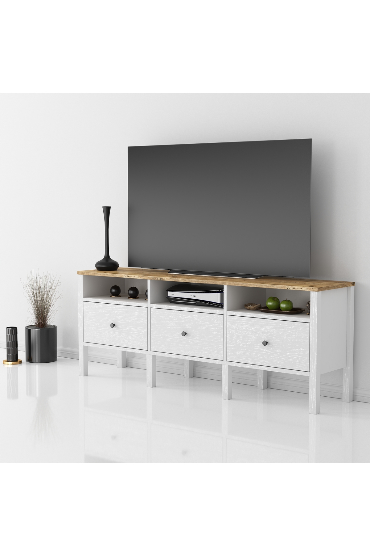 Sakura Ahşap Hunerika Rita tv ünitesi-Wood Beyaz-Minifiks Bağlantılı