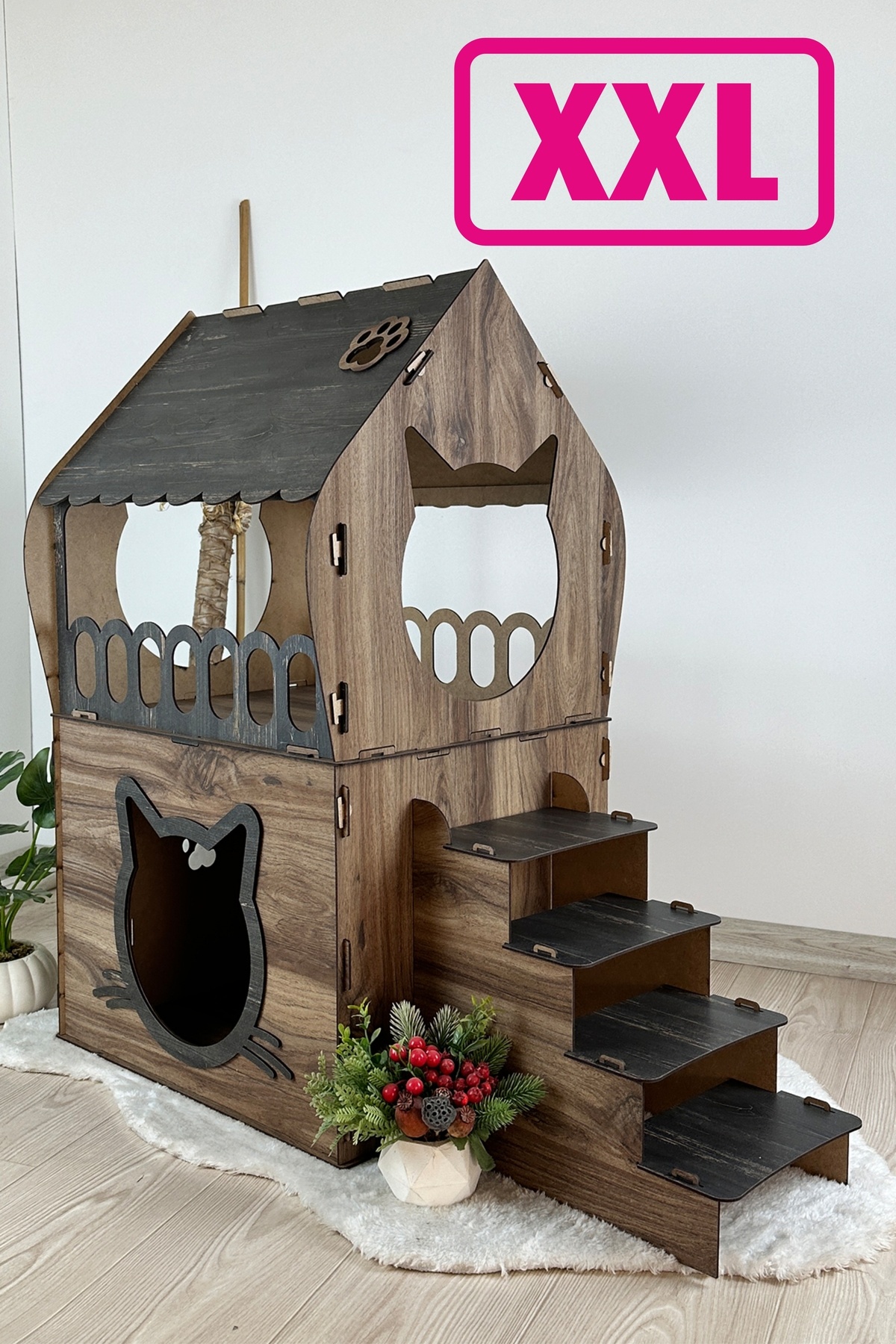 Onix Home XXL MODEL DEKORATİF AHŞAP BÜYÜK TERASLI KEDİ EVİ 5KG VE ÜZERİ KEDİLER İÇİN UYGUNDUR