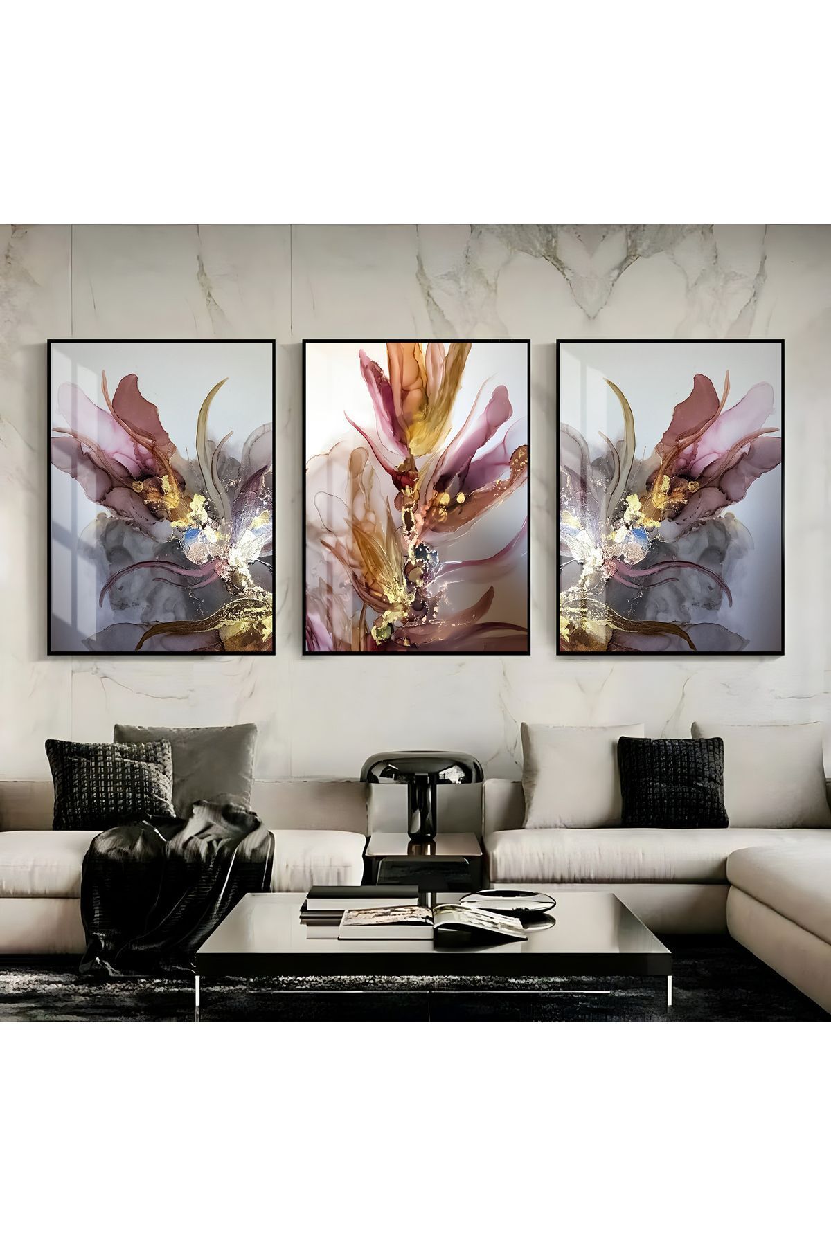 HARIKABIREV| PURPLE-MINK MOST STYLISH ABSTRACT FLOWER|FRAMED TEMPERED GLASS TABLE 3-PIECE VERTICAL