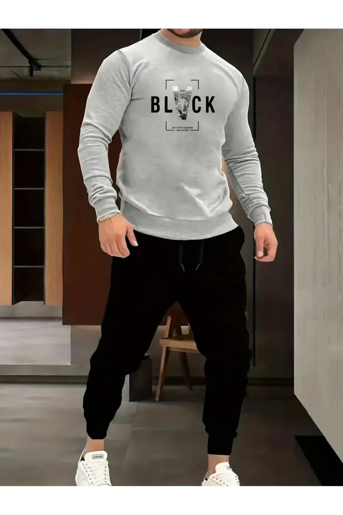 Black Baskılı Bisiklet Yaka Alt Üst Takım Oversize Eşofman Takımı