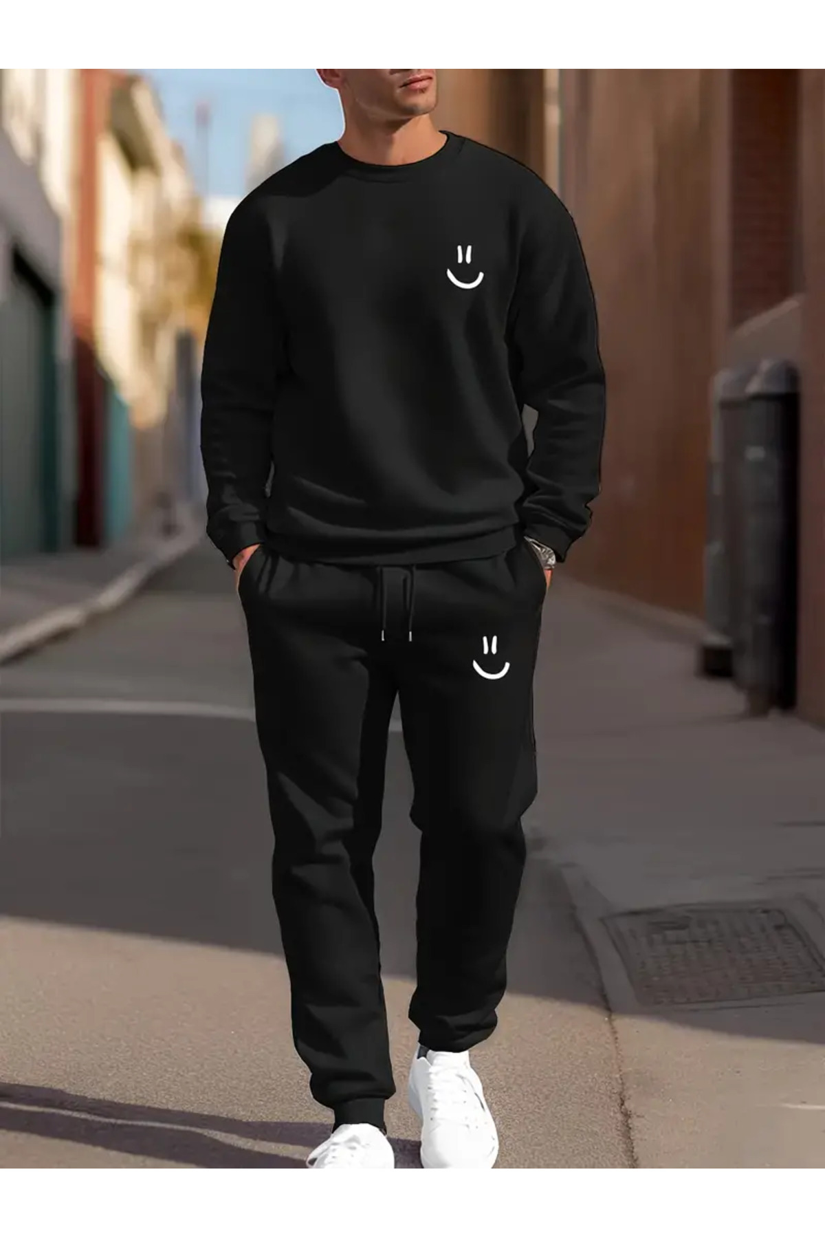 Pink Sky Smiling Baskılı Bisiklet Yaka Alt Üst Takım Oversize Eşofman Takımı