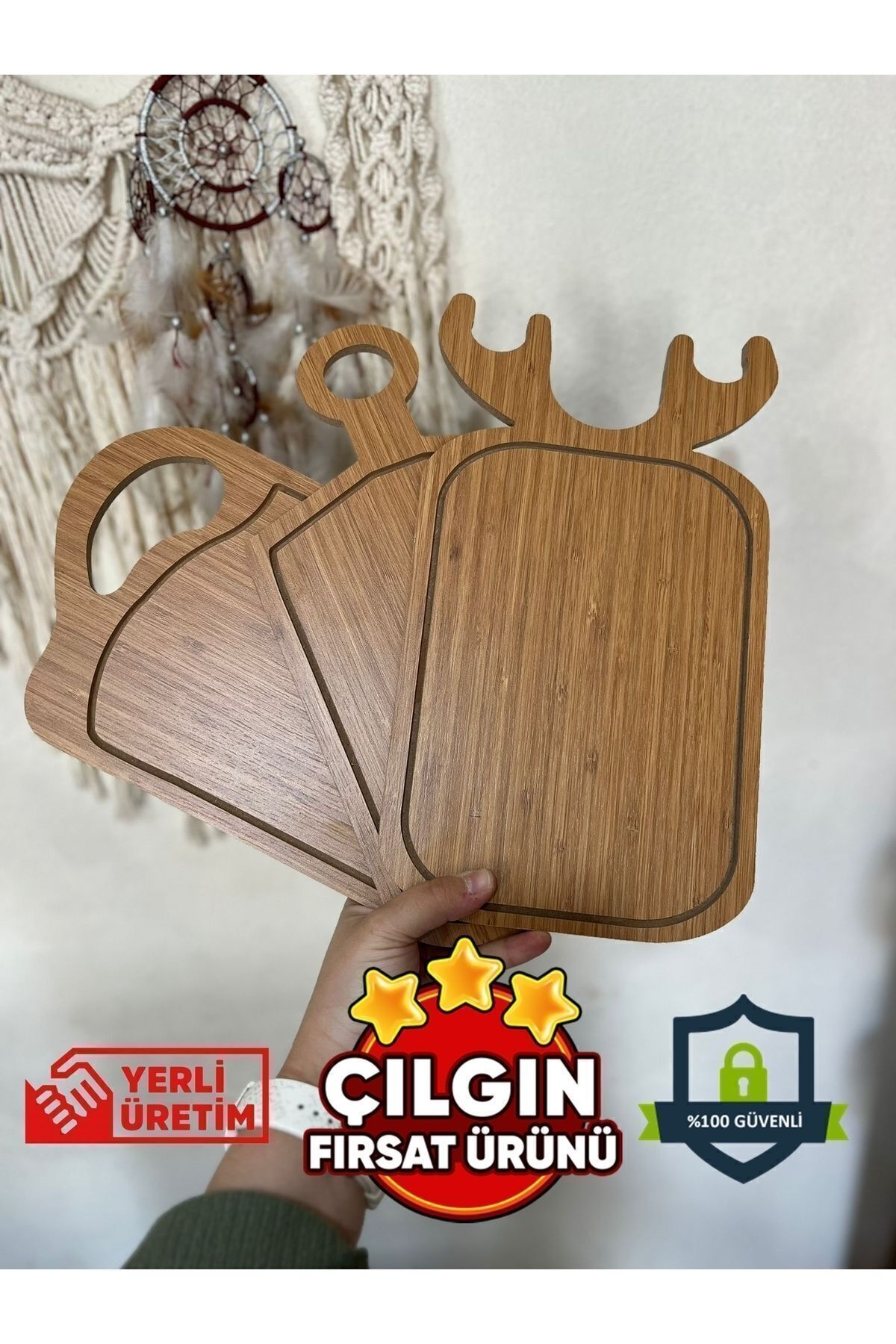 selinaksesuar 3 Adet Ahşap Kesme Doğrama Sunum Tahtası Ve Servis Tabağı