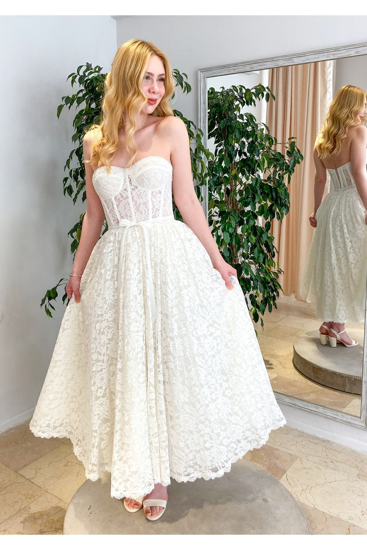 cordon lace midi length wedding dress robe de mariage after party dress