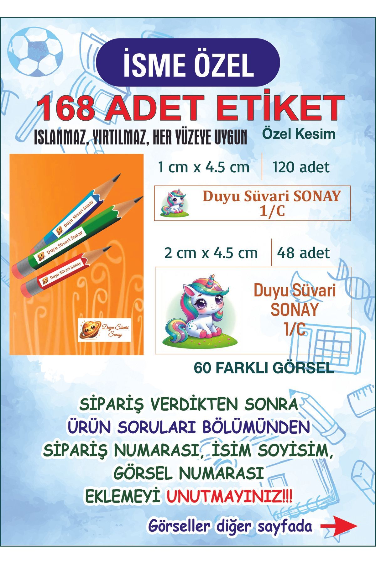KARADENİZ DİJİTAL 168 Adet - Islanmaz - Yırtılmaz Kişiye Özel Okul Etiketi Kalem - Defter - Kitap Etiketi