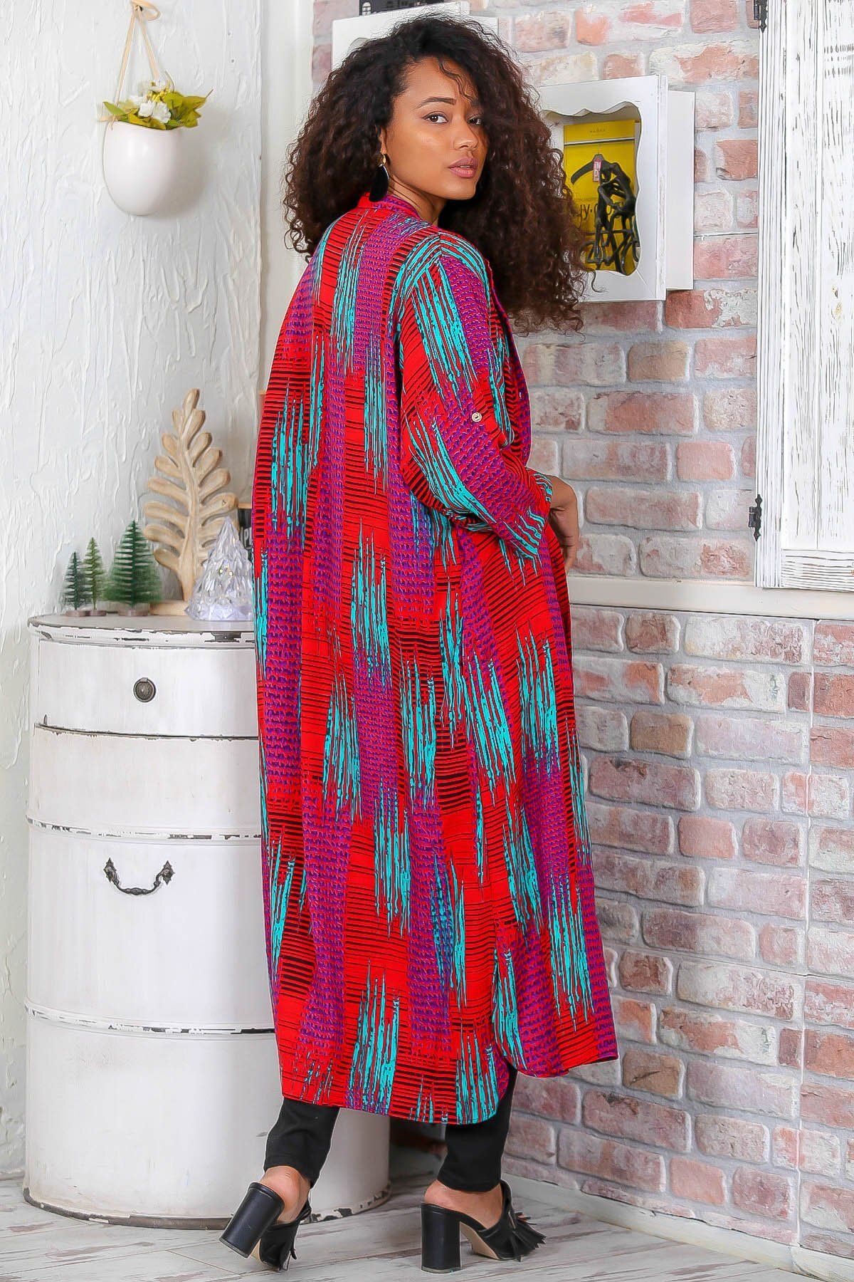 Chiccy-Lange, gewebte Jacke mit roten Streifen und Knopfleiste, verstellbaren Ärmeln und Taschen für Damen M10210100CE98809 5