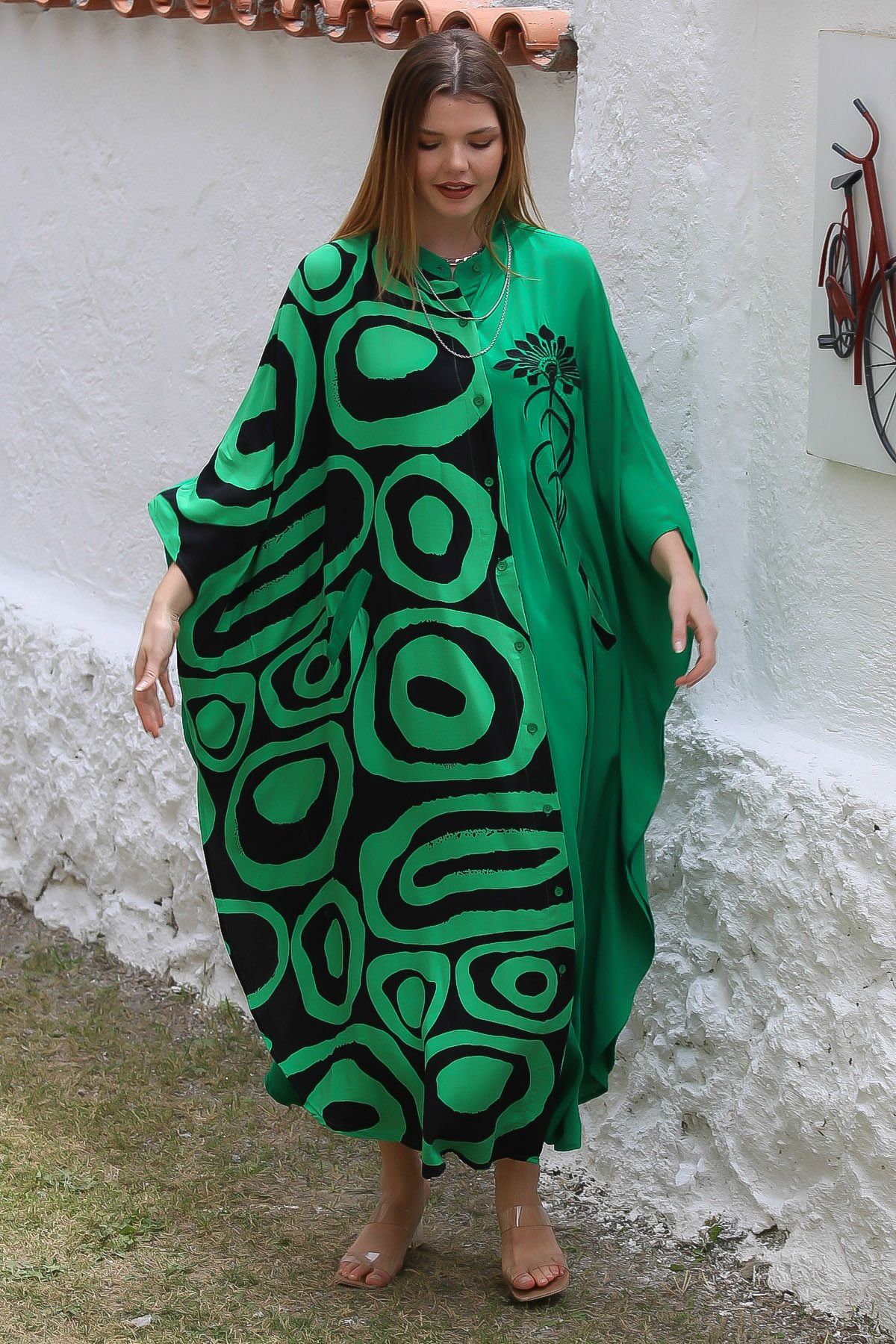 Chiccy Rochie Casual Oversize Negru-verde Cu Gât Înalt - Mânecă Liliac Și Buzunar Fleto Cu Nasturi Femeie - 2XL