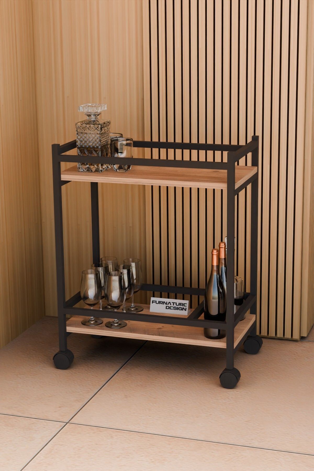 Servis Sunum Arabası Ev Tipi Iki Katlı Şişe Bölmeli Servant Bar Cart
